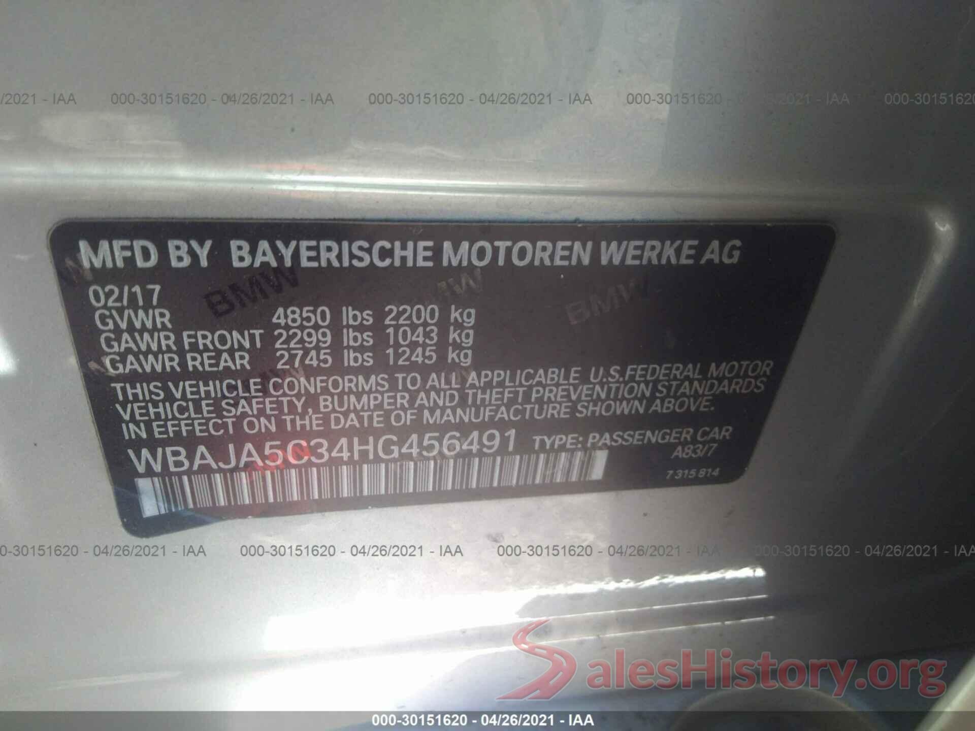 WBAJA5C34HG456491 2017 BMW 5 SERIES