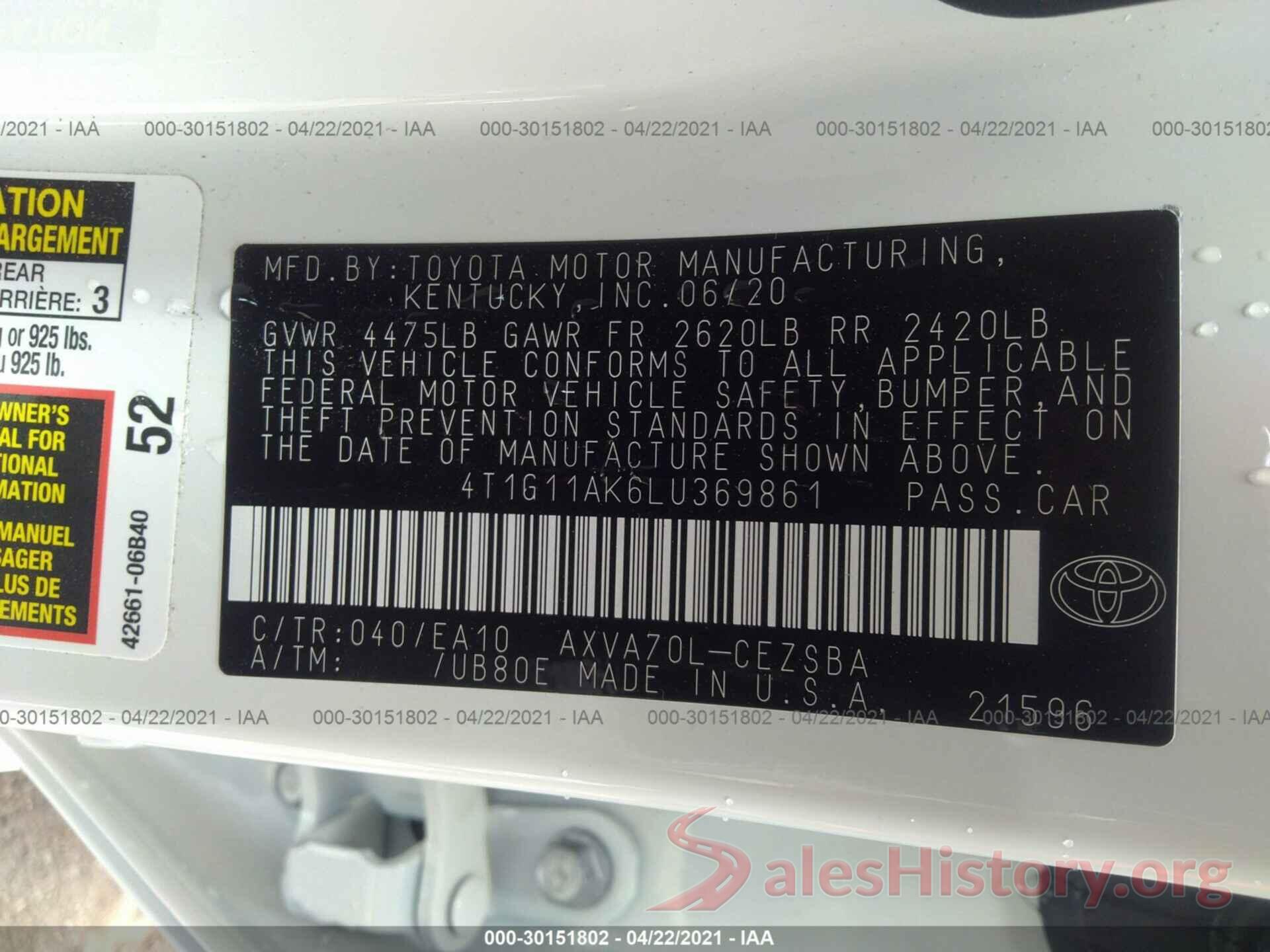 4T1G11AK6LU369861 2020 TOYOTA CAMRY