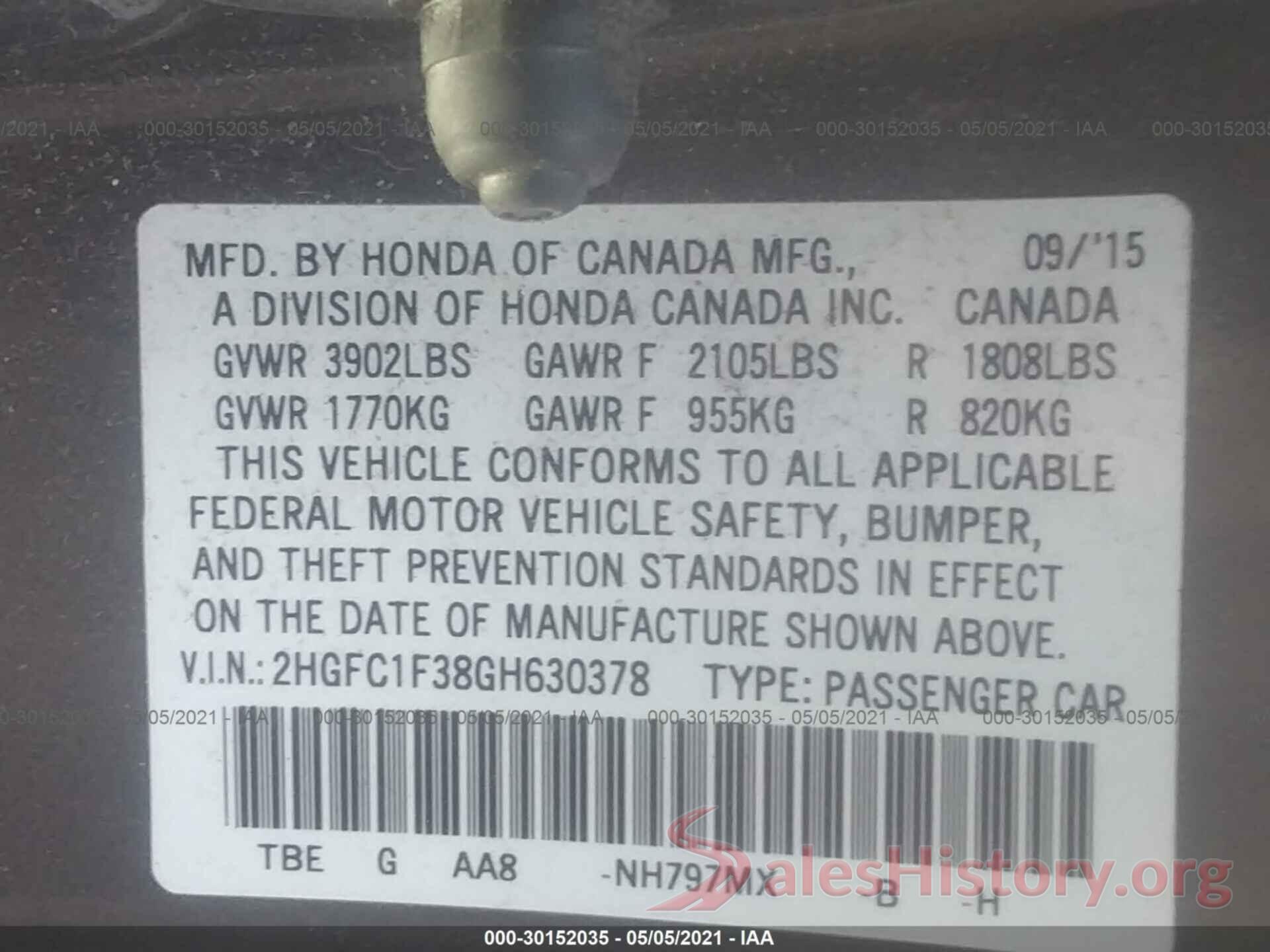 2HGFC1F38GH630378 2016 HONDA CIVIC SEDAN