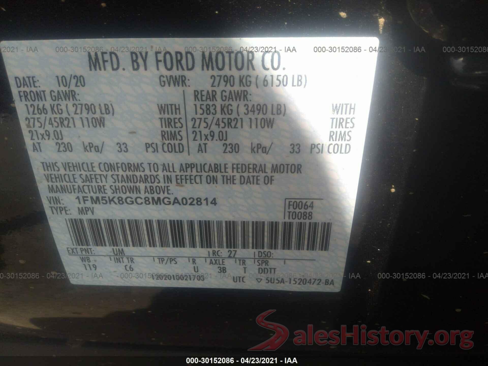 1FM5K8GC8MGA02814 2021 FORD EXPLORER