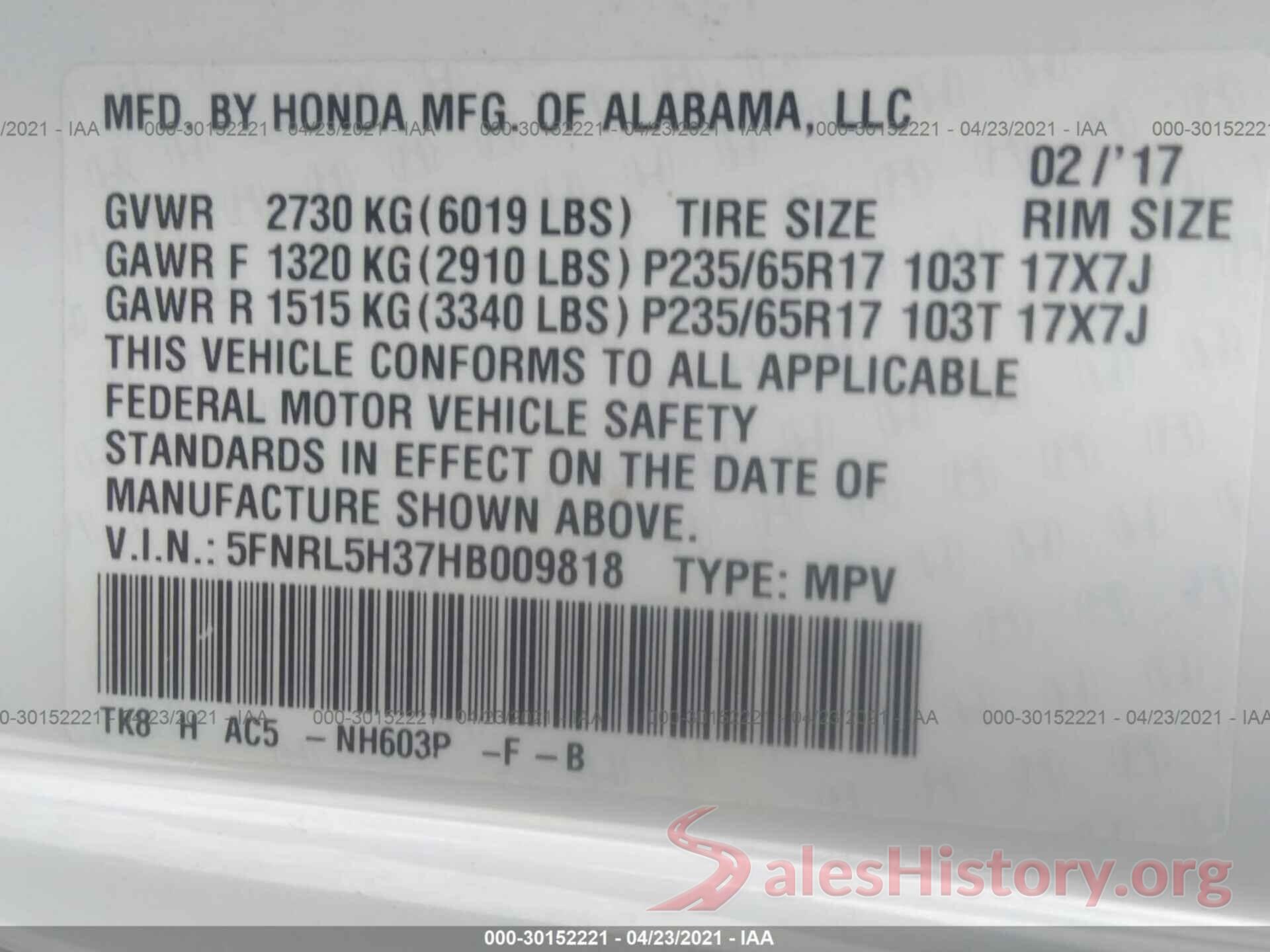 5FNRL5H37HB009818 2017 HONDA ODYSSEY