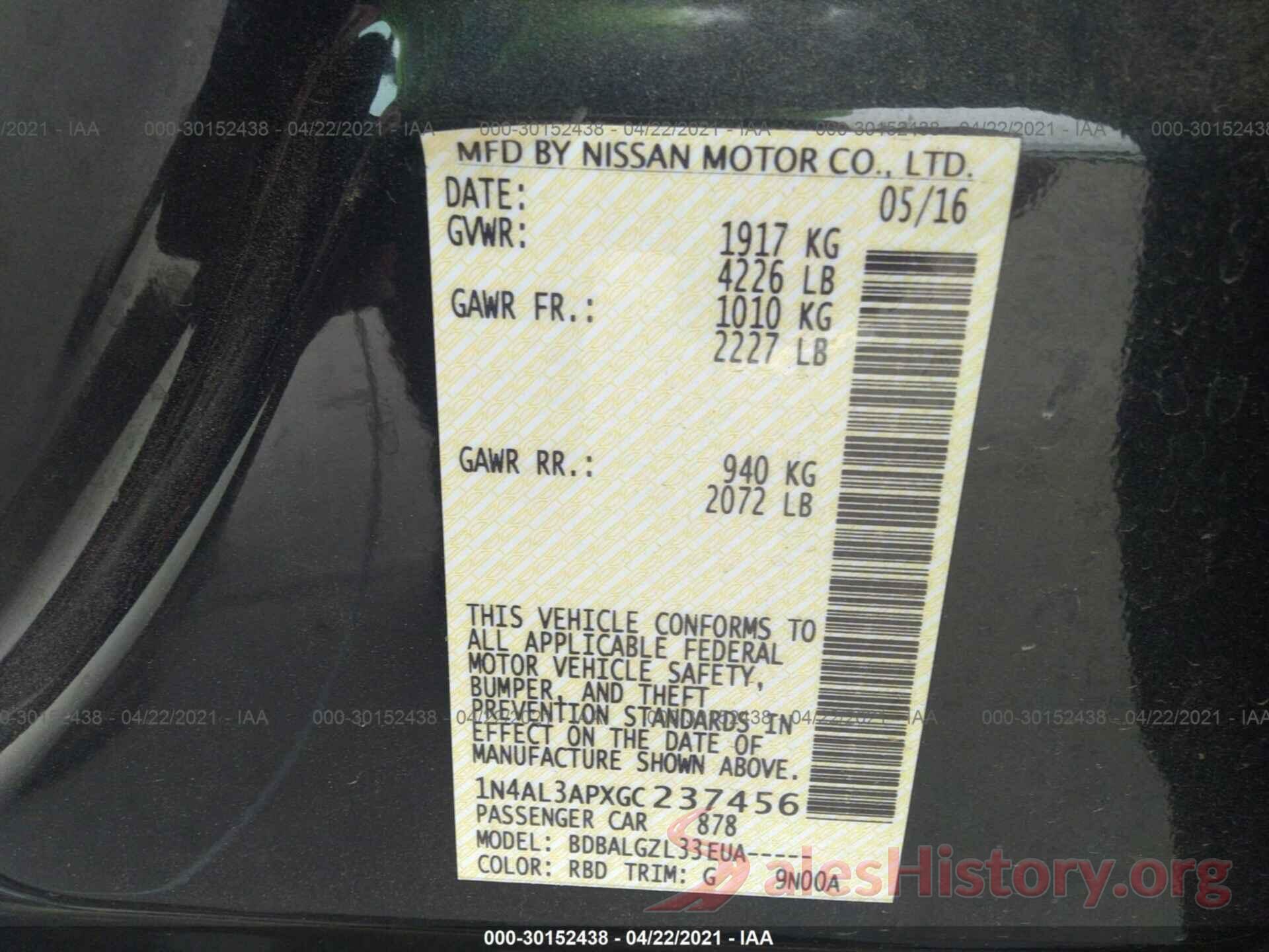 1N4AL3APXGC237456 2016 NISSAN ALTIMA