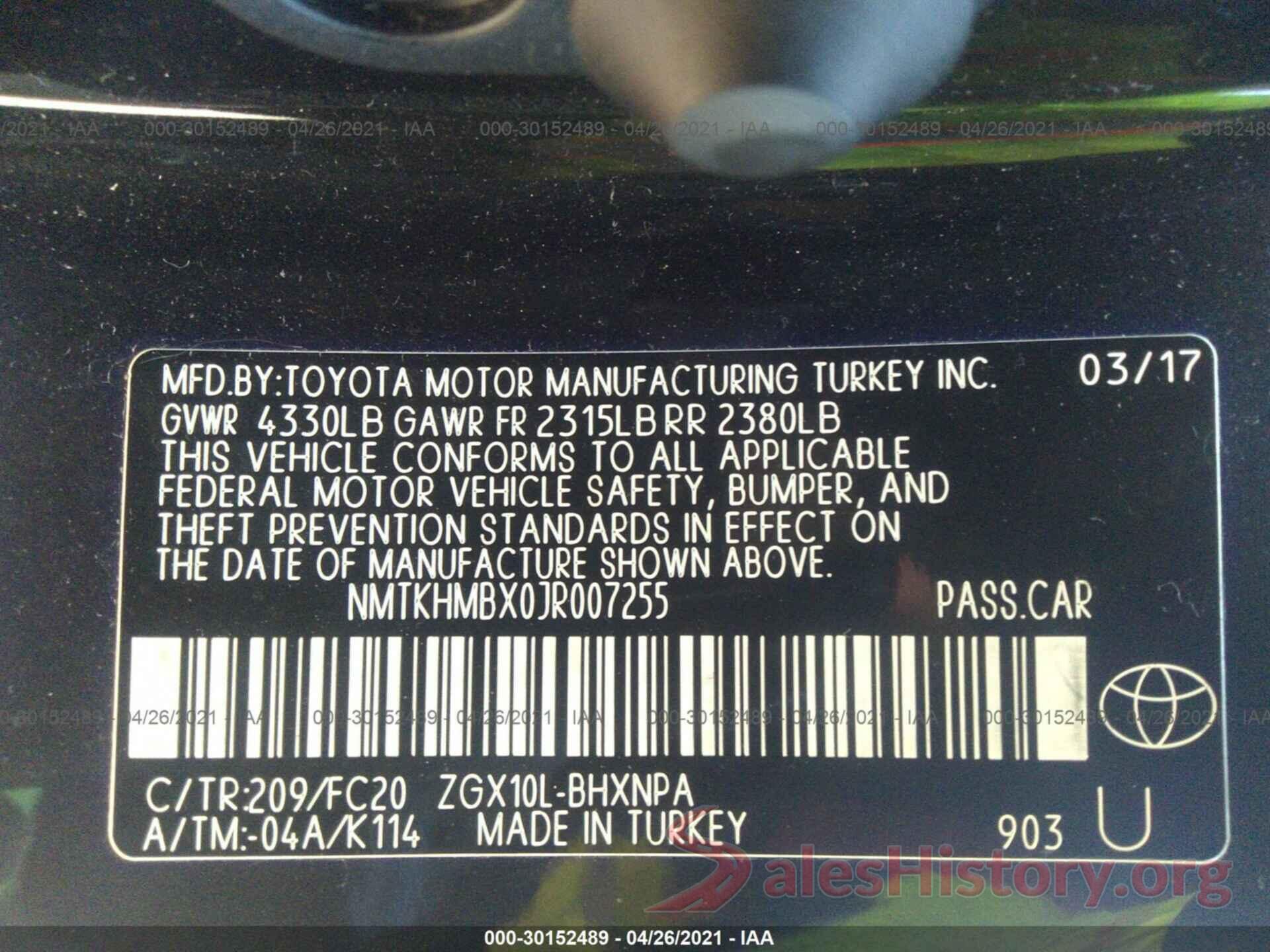 NMTKHMBX0JR007255 2018 TOYOTA C-HR