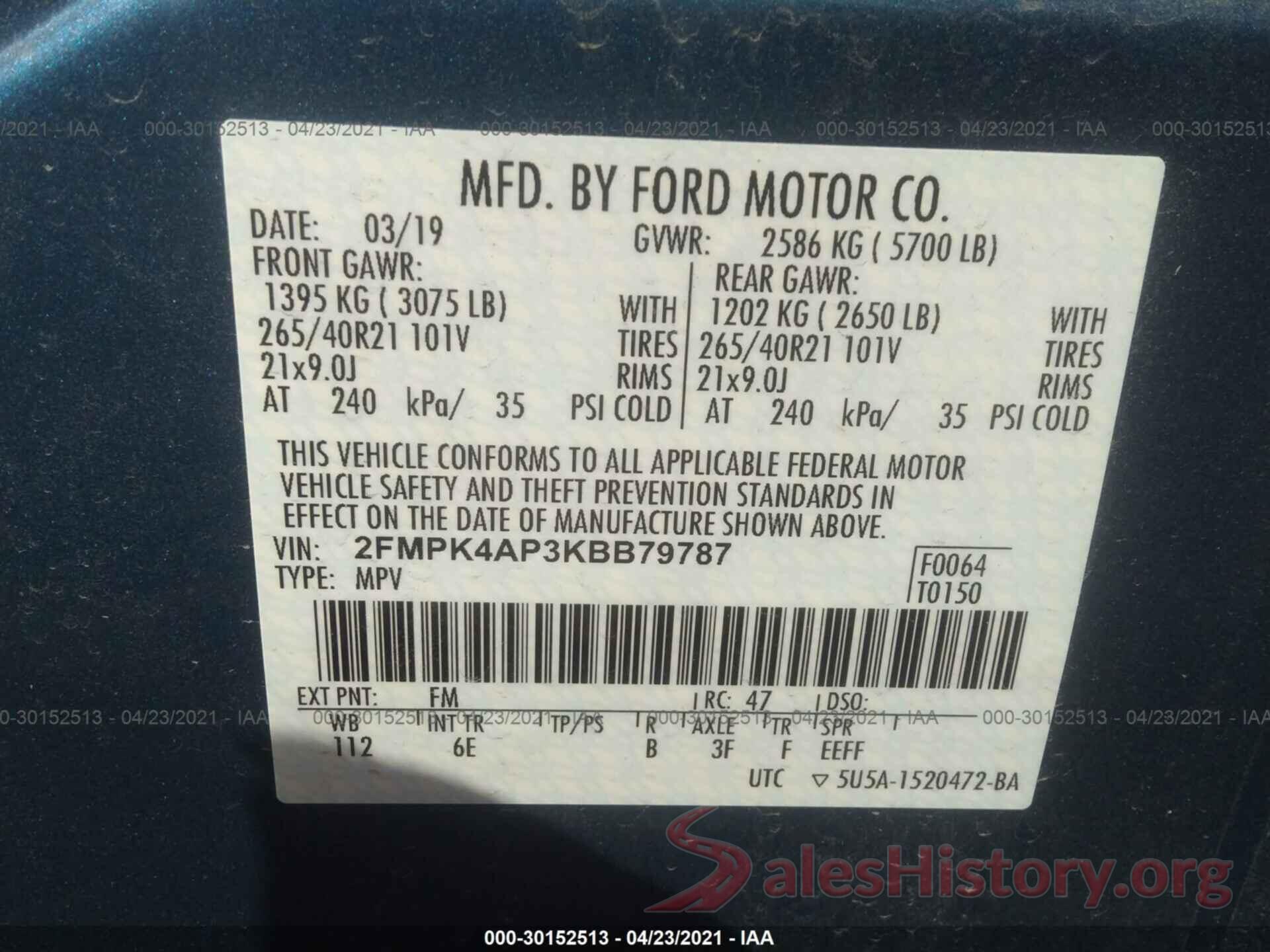 2FMPK4AP3KBB79787 2019 FORD EDGE