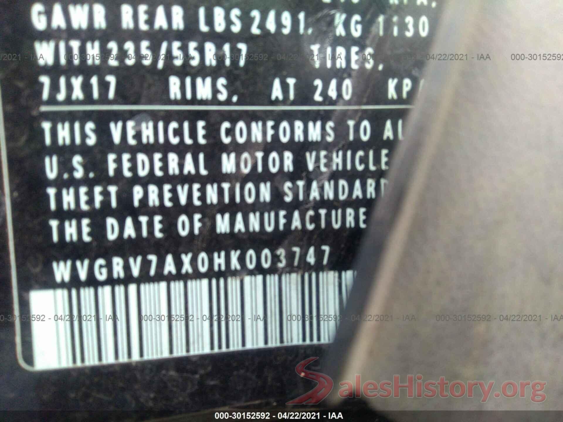 WVGRV7AX0HK003747 2017 VOLKSWAGEN TIGUAN