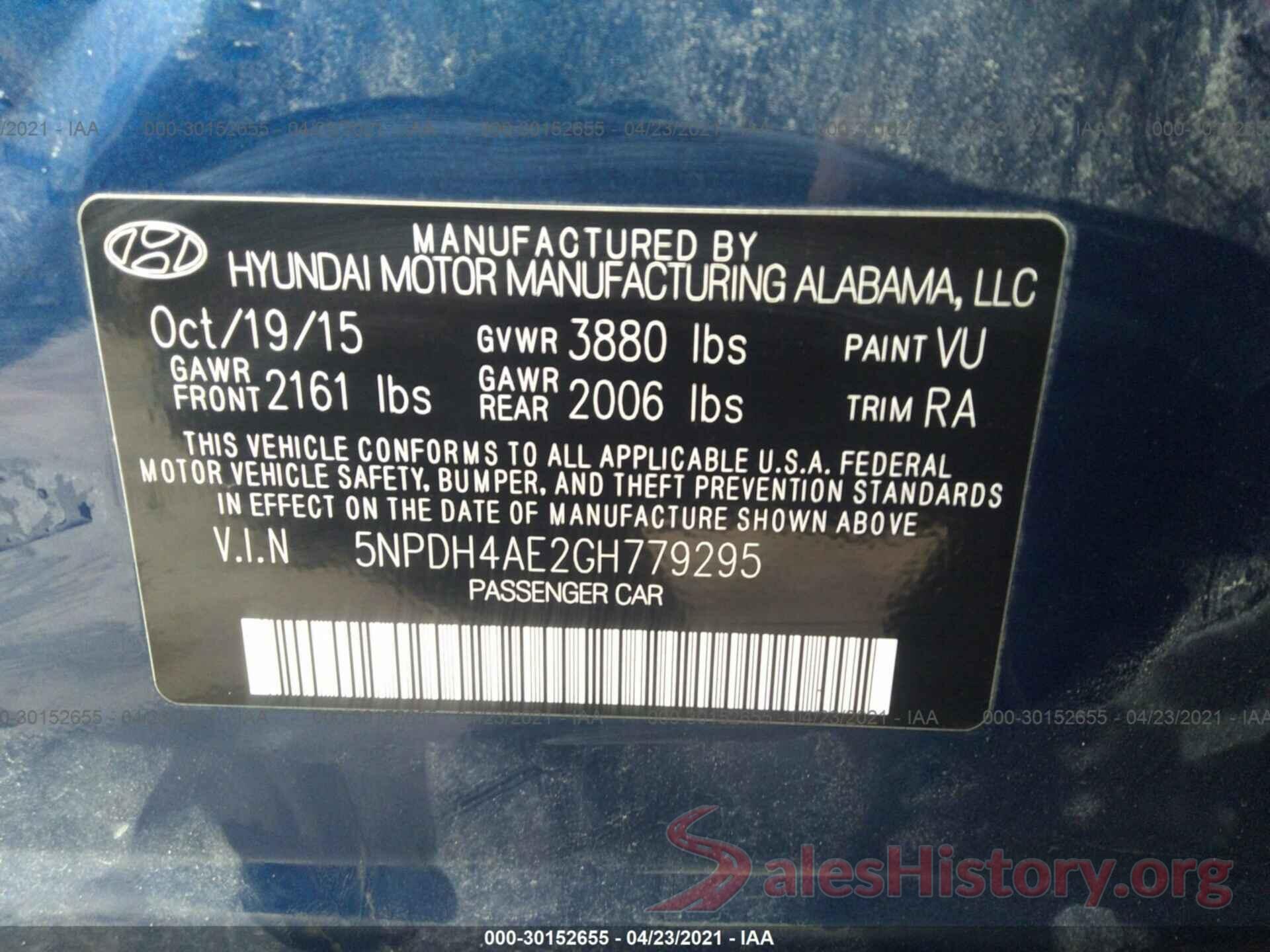 5NPDH4AE2GH779295 2016 HYUNDAI ELANTRA