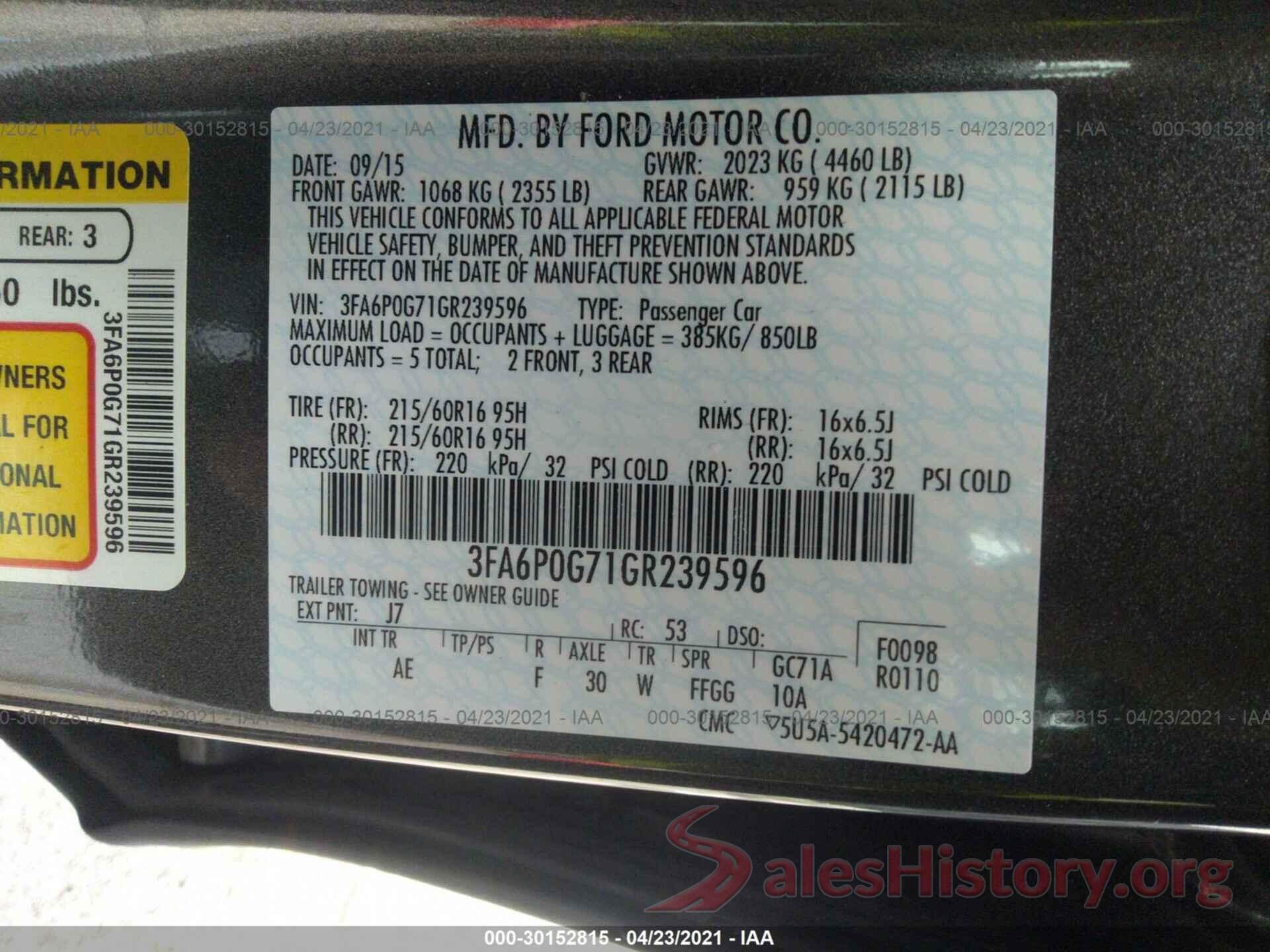 3FA6P0G71GR239596 2016 FORD FUSION