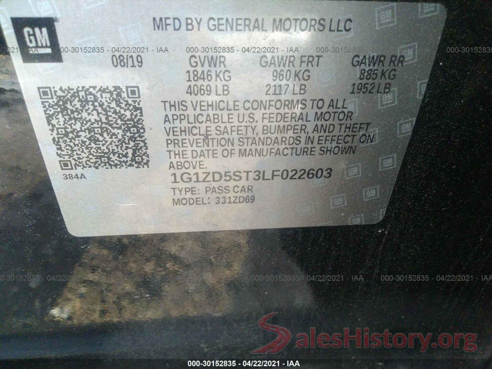 1G1ZD5ST3LF022603 2020 CHEVROLET MALIBU