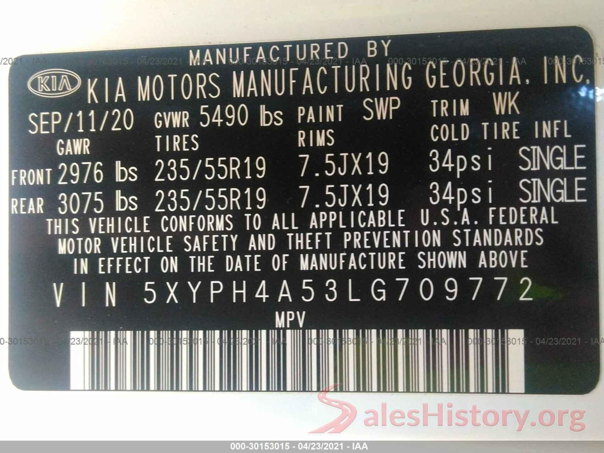 5XYPH4A53LG709772 2020 KIA SORENTO