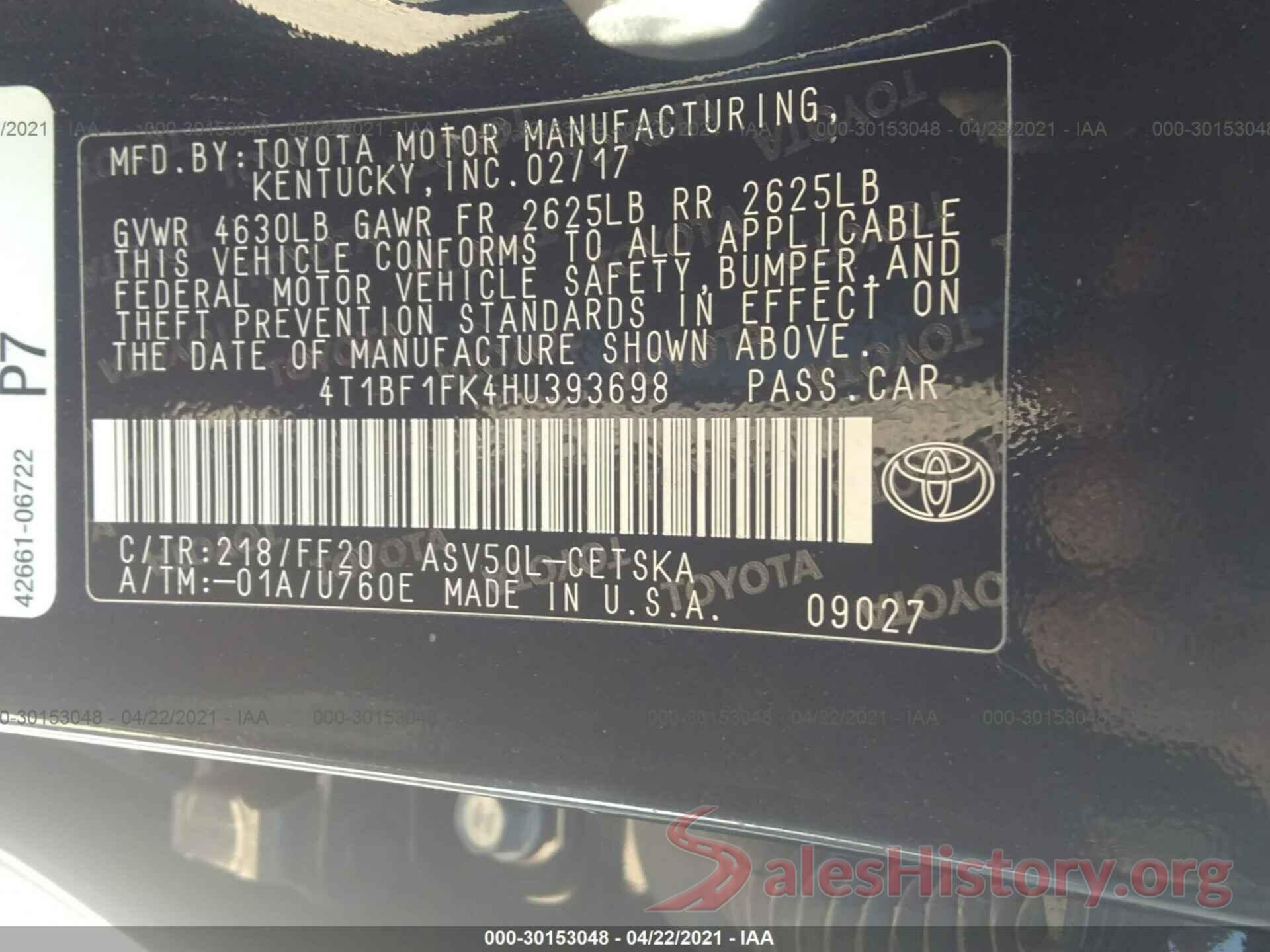 4T1BF1FK4HU393698 2017 TOYOTA CAMRY