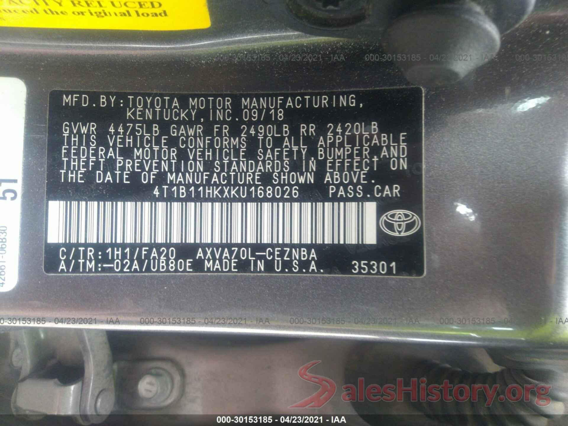 4T1B11HKXKU168026 2019 TOYOTA CAMRY