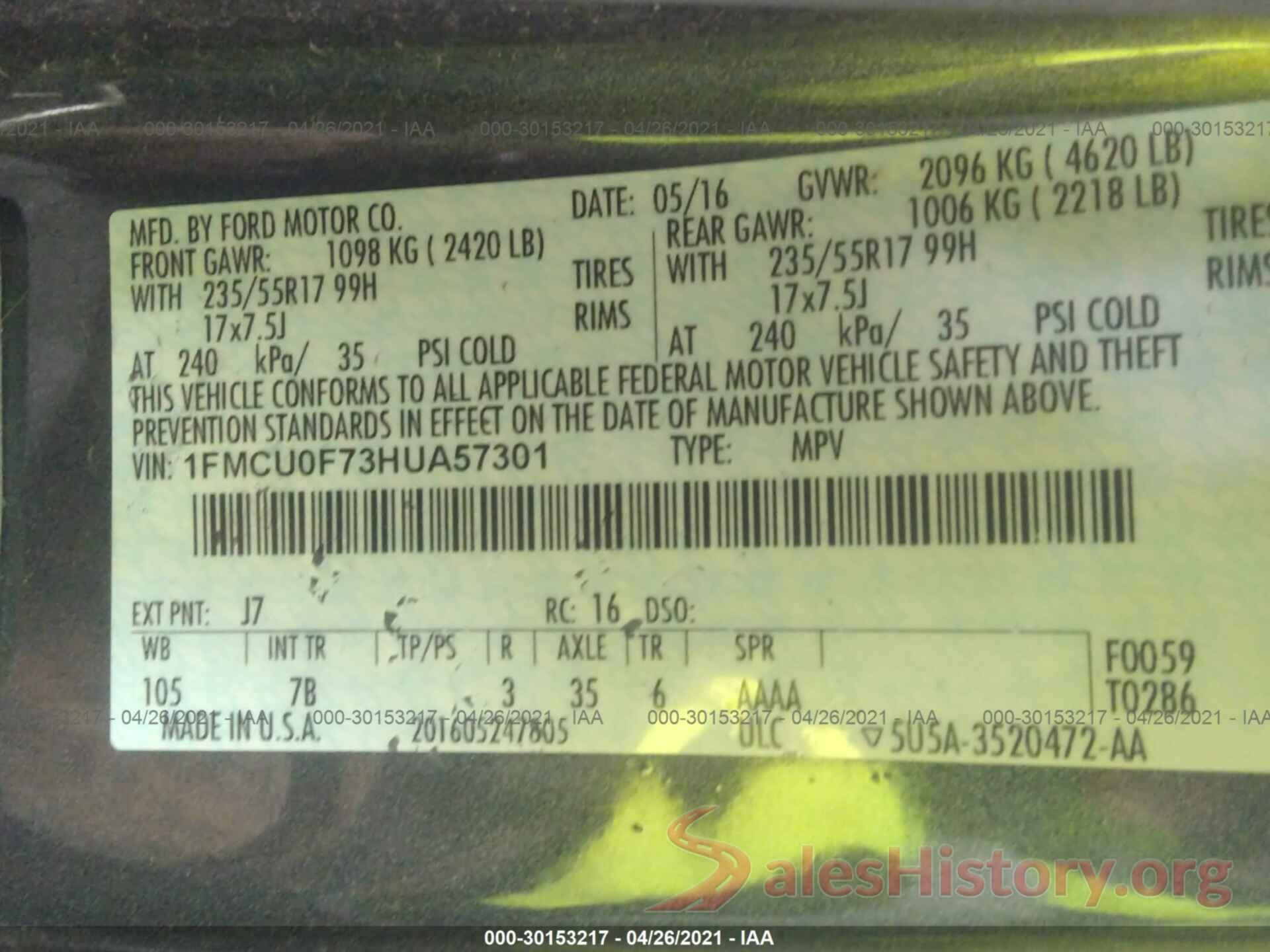 1FMCU0F73HUA57301 2017 FORD ESCAPE