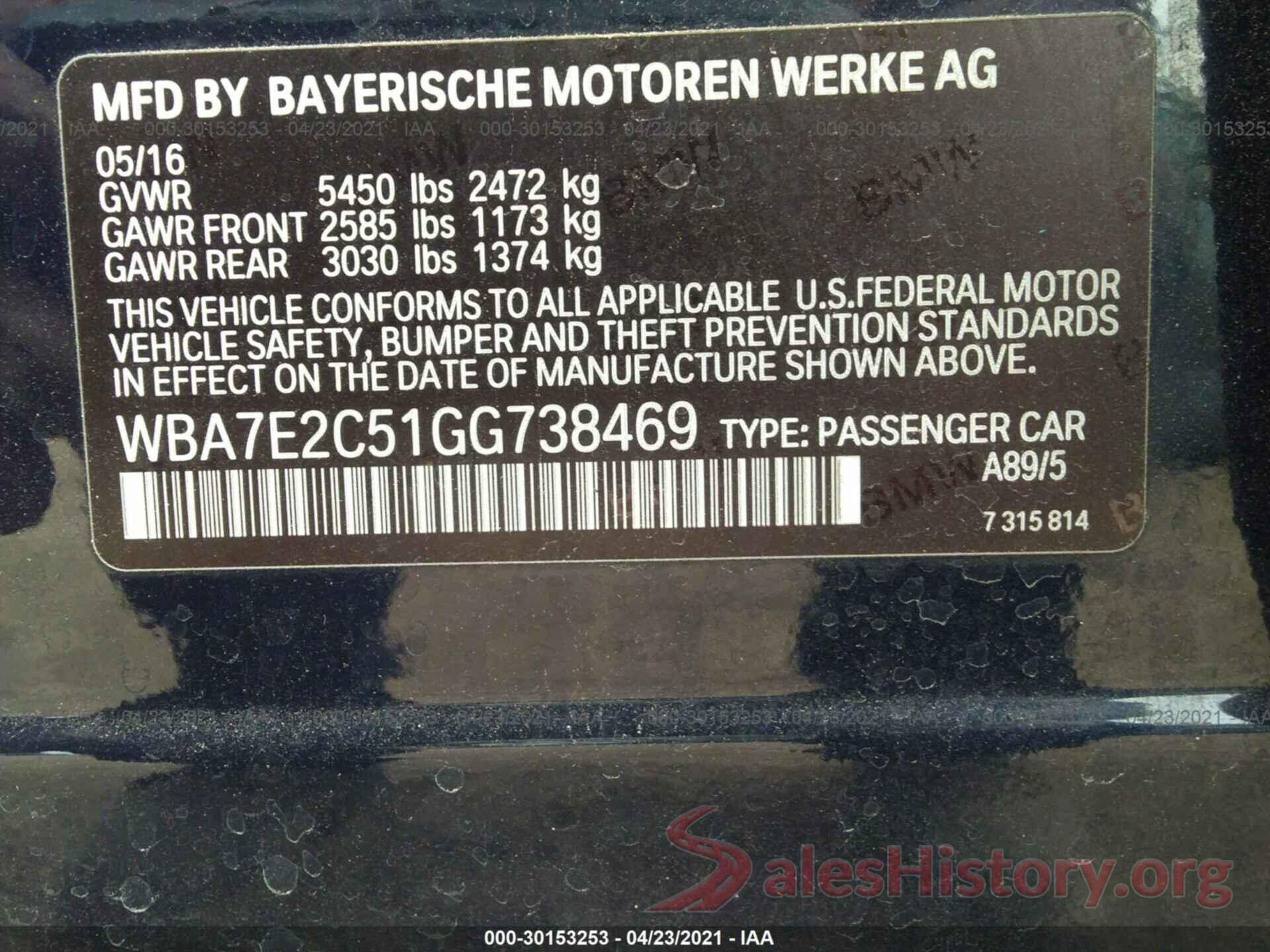 WBA7E2C51GG738469 2016 BMW 7 SERIES