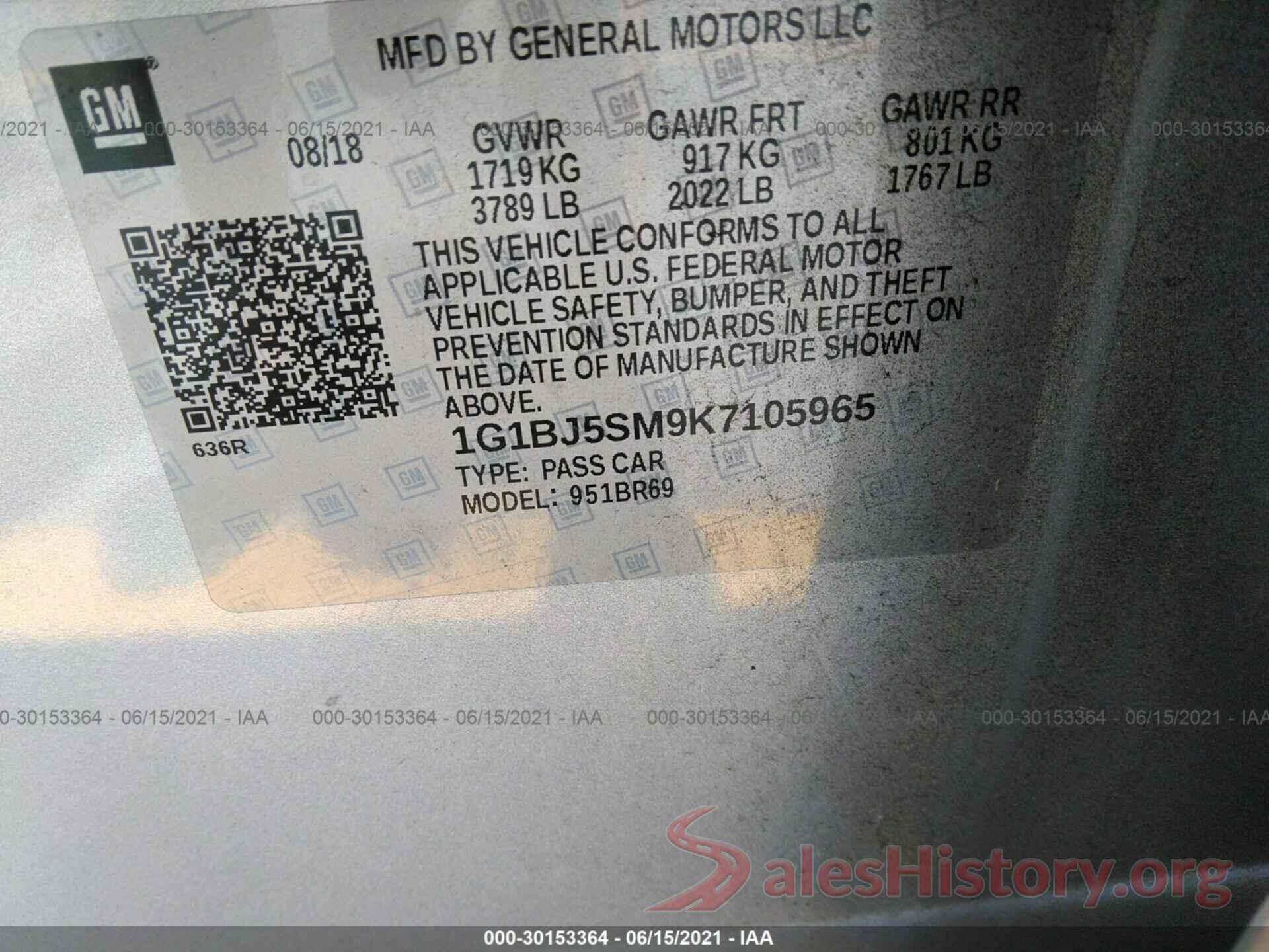 1G1BJ5SM9K7105965 2019 CHEVROLET CRUZE