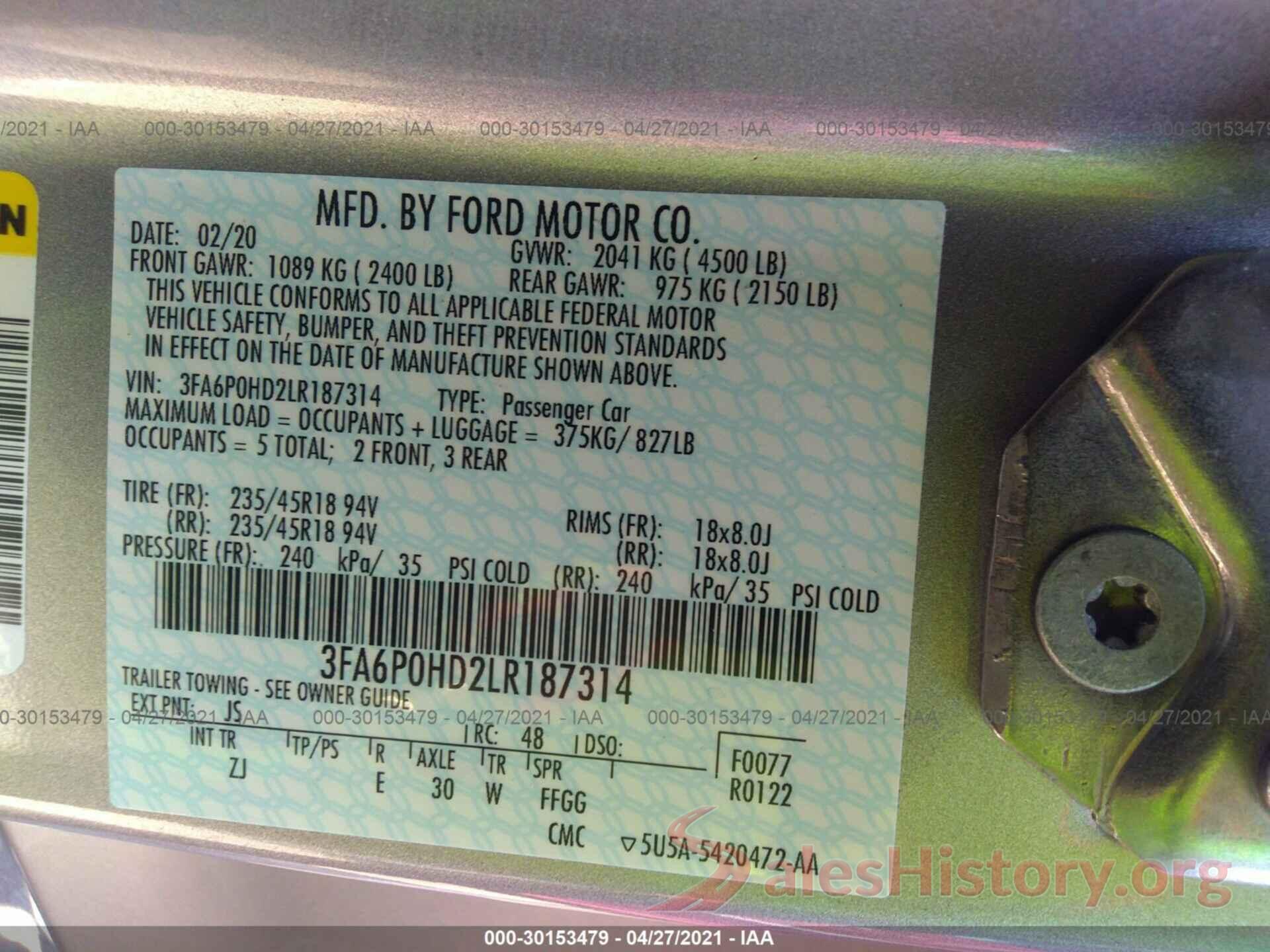 3FA6P0HD2LR187314 2020 FORD FUSION