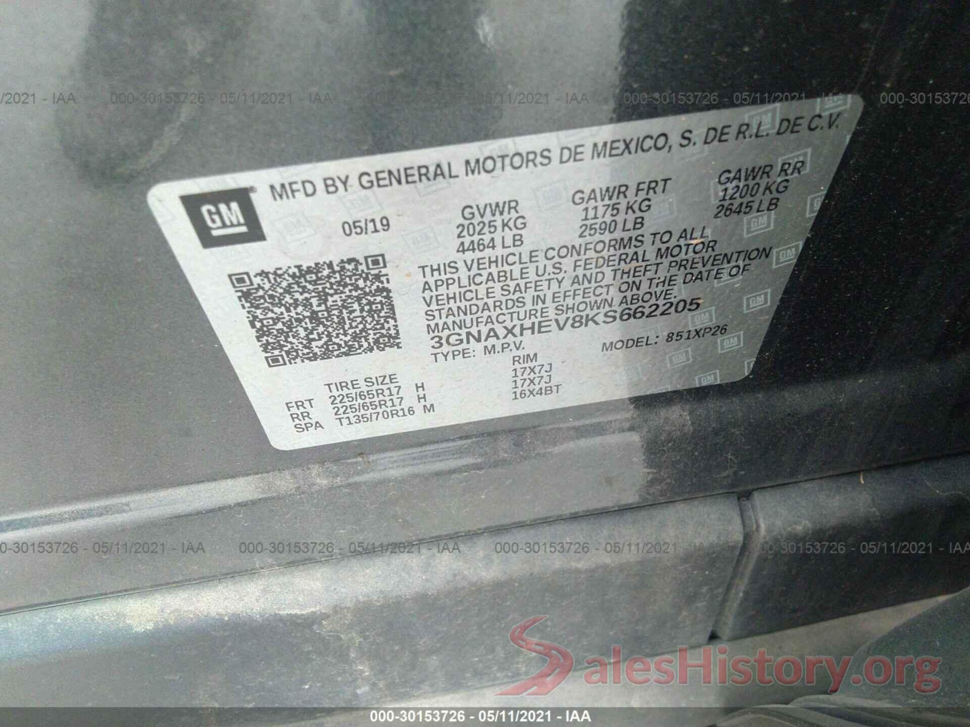 3GNAXHEV8KS662205 2019 CHEVROLET EQUINOX