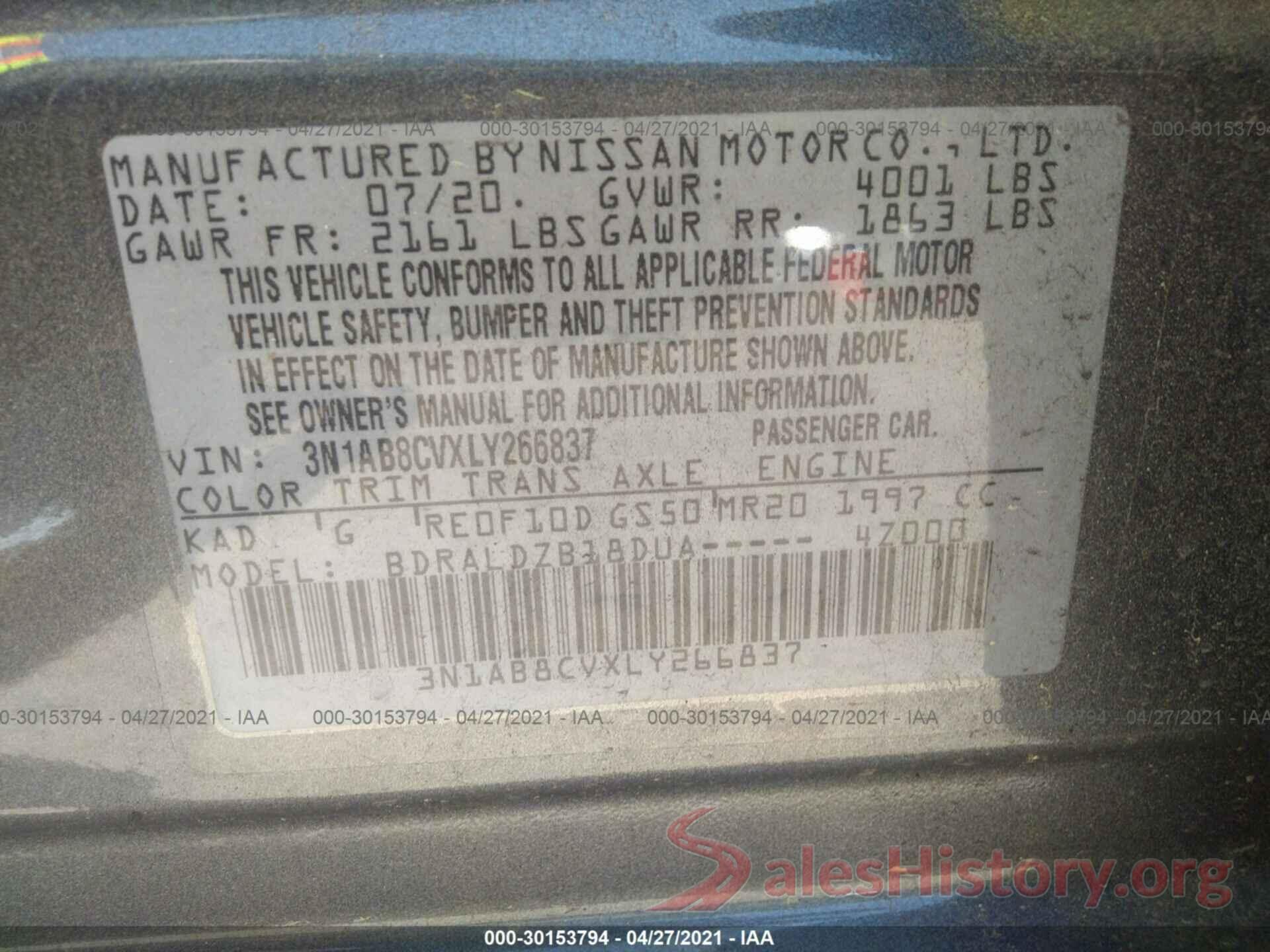 3N1AB8CVXLY266837 2020 NISSAN SENTRA