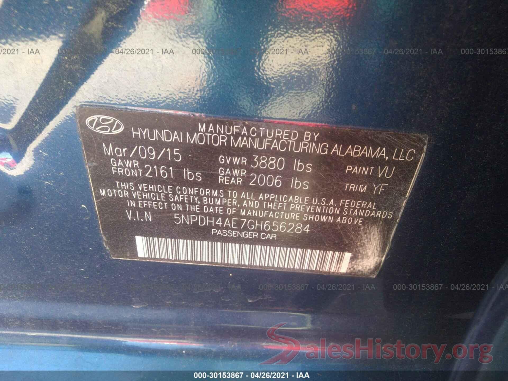 5NPDH4AE7GH656284 2016 HYUNDAI ELANTRA