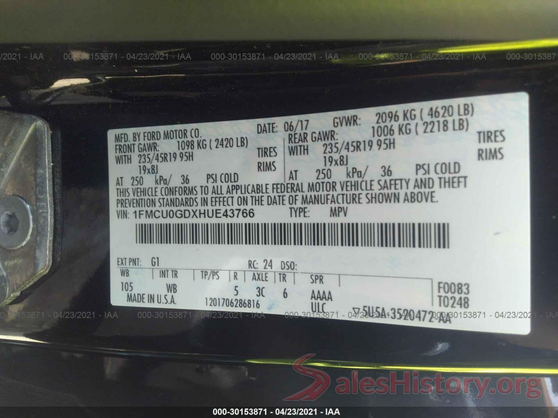 1FMCU0GDXHUE43766 2017 FORD ESCAPE