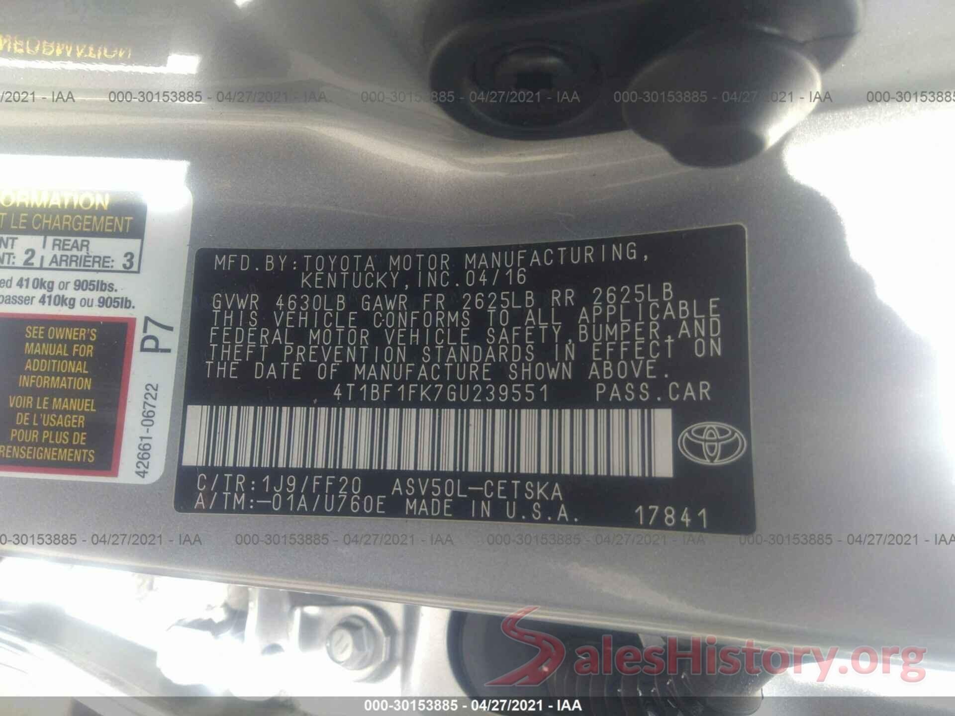 4T1BF1FK7GU239551 2016 TOYOTA CAMRY