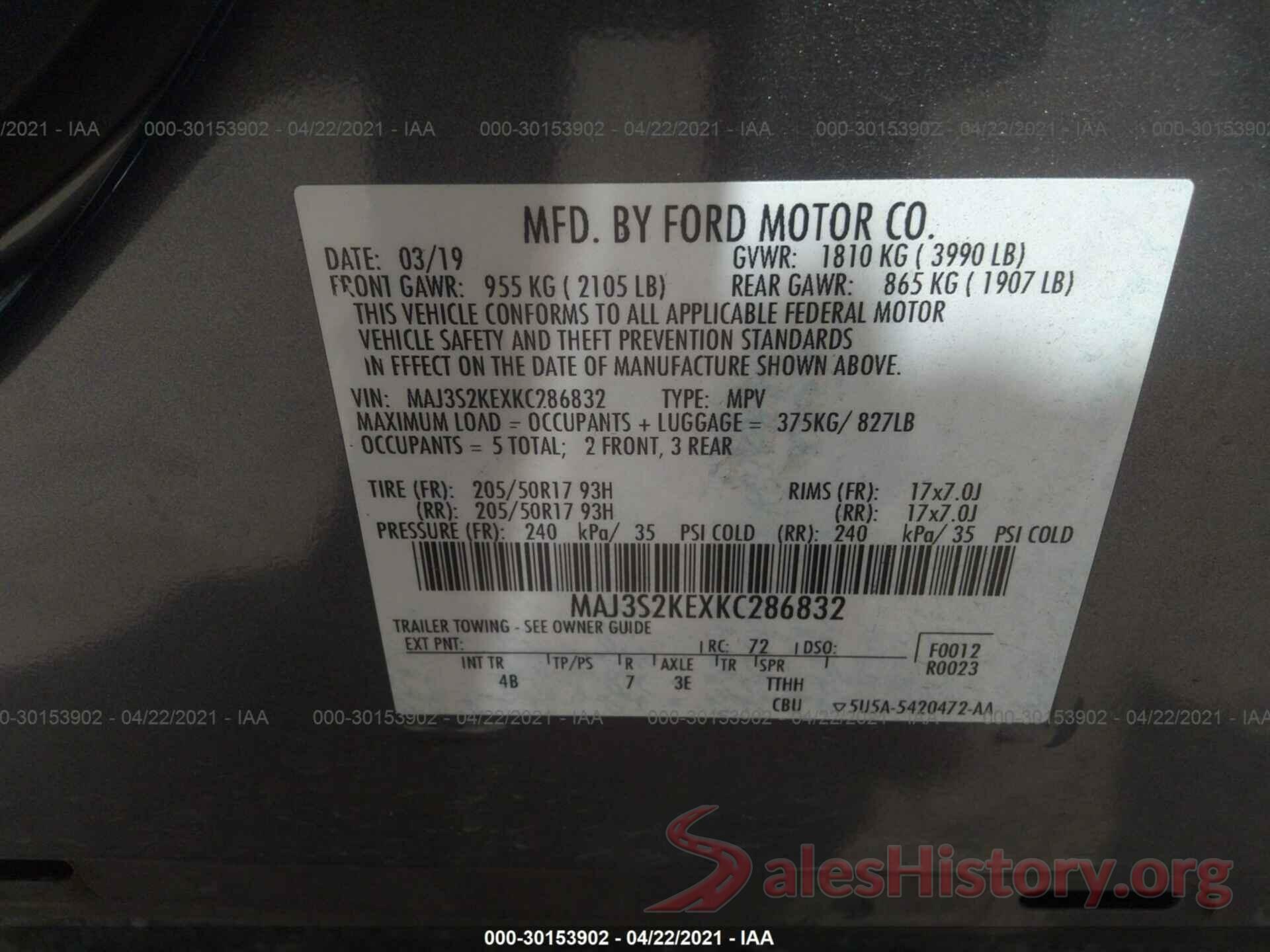 MAJ3S2KEXKC286832 2019 FORD ECOSPORT