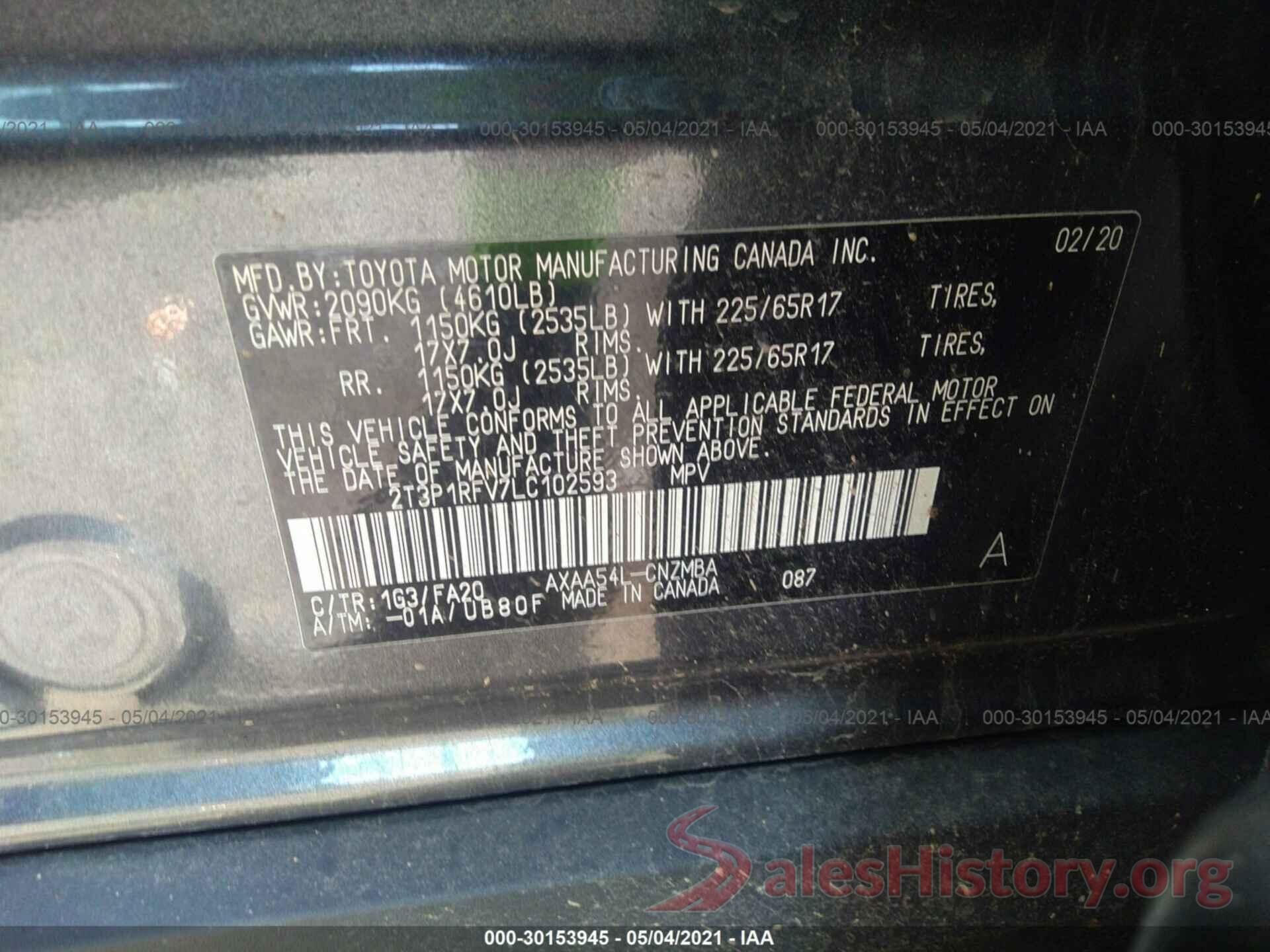 2T3P1RFV7LC102593 2020 TOYOTA RAV4