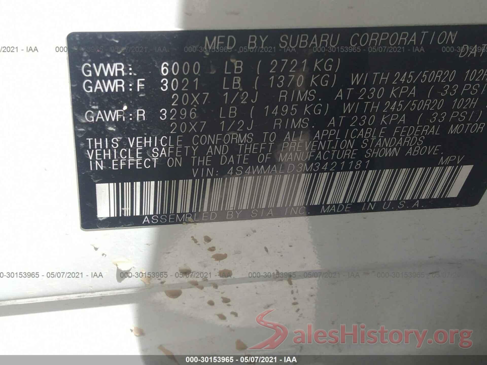 4S4WMALD3M3421181 2021 SUBARU ASCENT