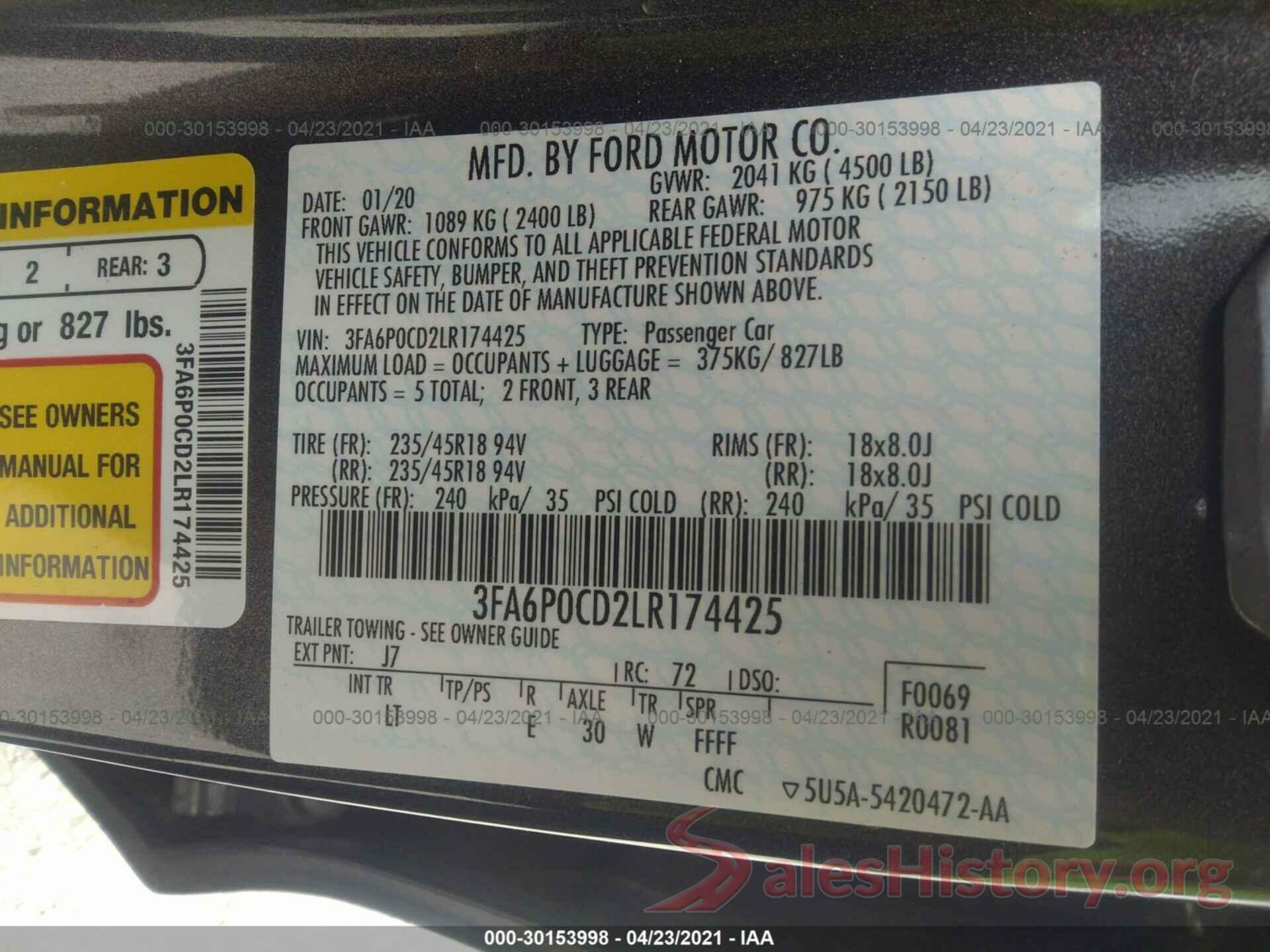 3FA6P0CD2LR174425 2020 FORD FUSION