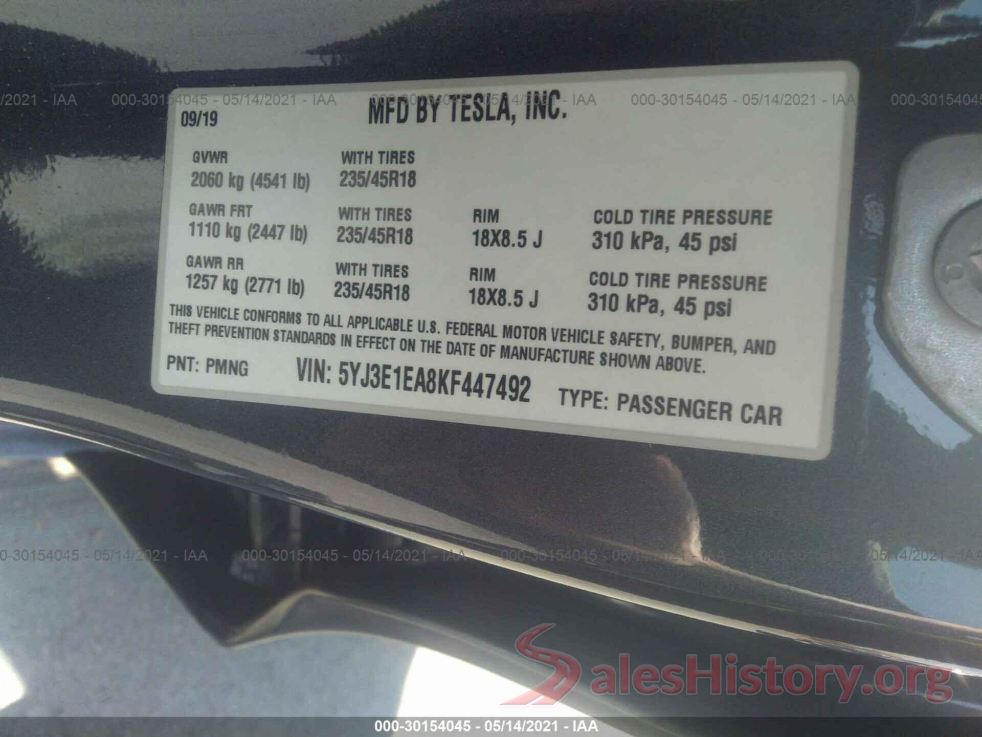 5YJ3E1EA8KF447492 2019 TESLA MODEL 3