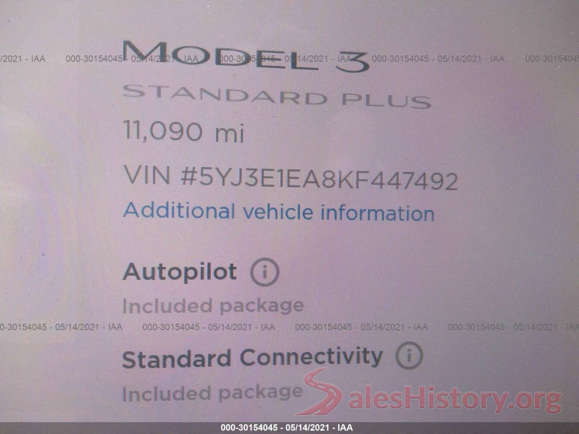 5YJ3E1EA8KF447492 2019 TESLA MODEL 3