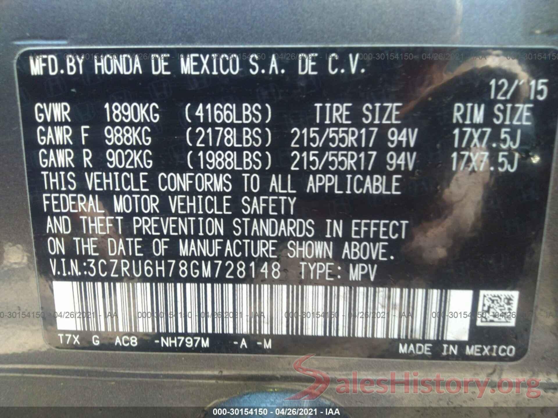 3CZRU6H78GM728148 2016 HONDA HR-V