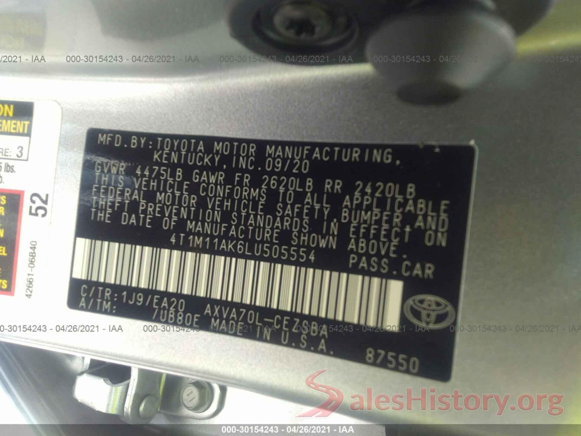 4T1M11AK6LU505554 2020 TOYOTA CAMRY