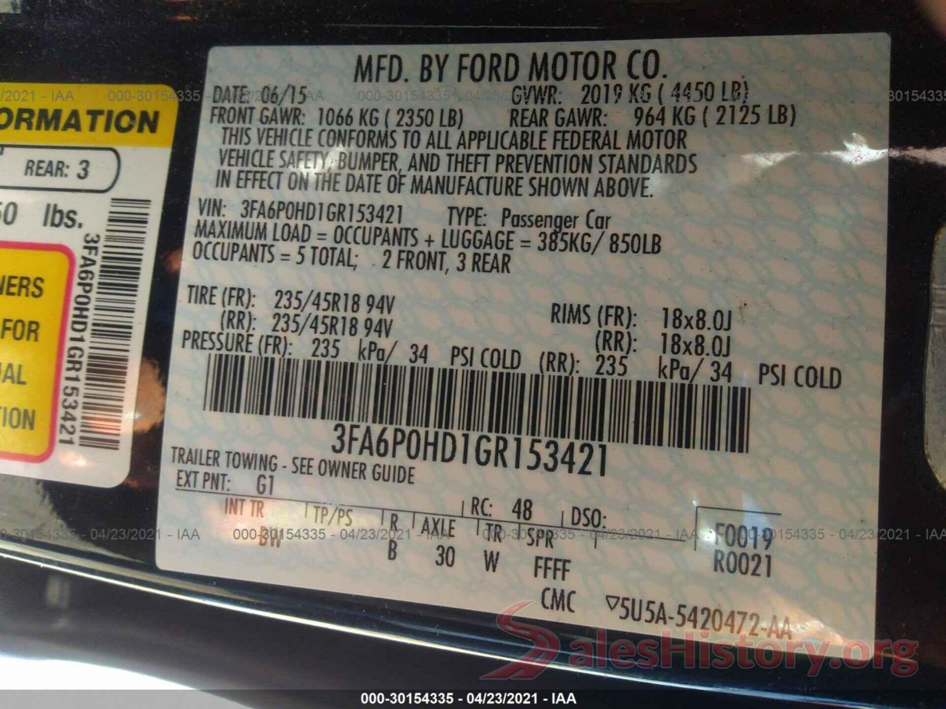 3FA6P0HD1GR153421 2016 FORD FUSION