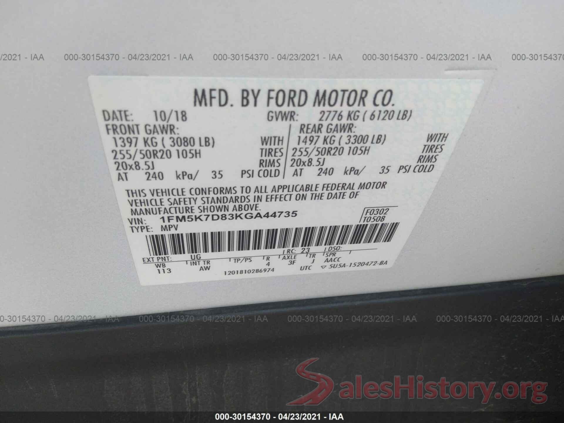 1FM5K7D83KGA44735 2019 FORD EXPLORER