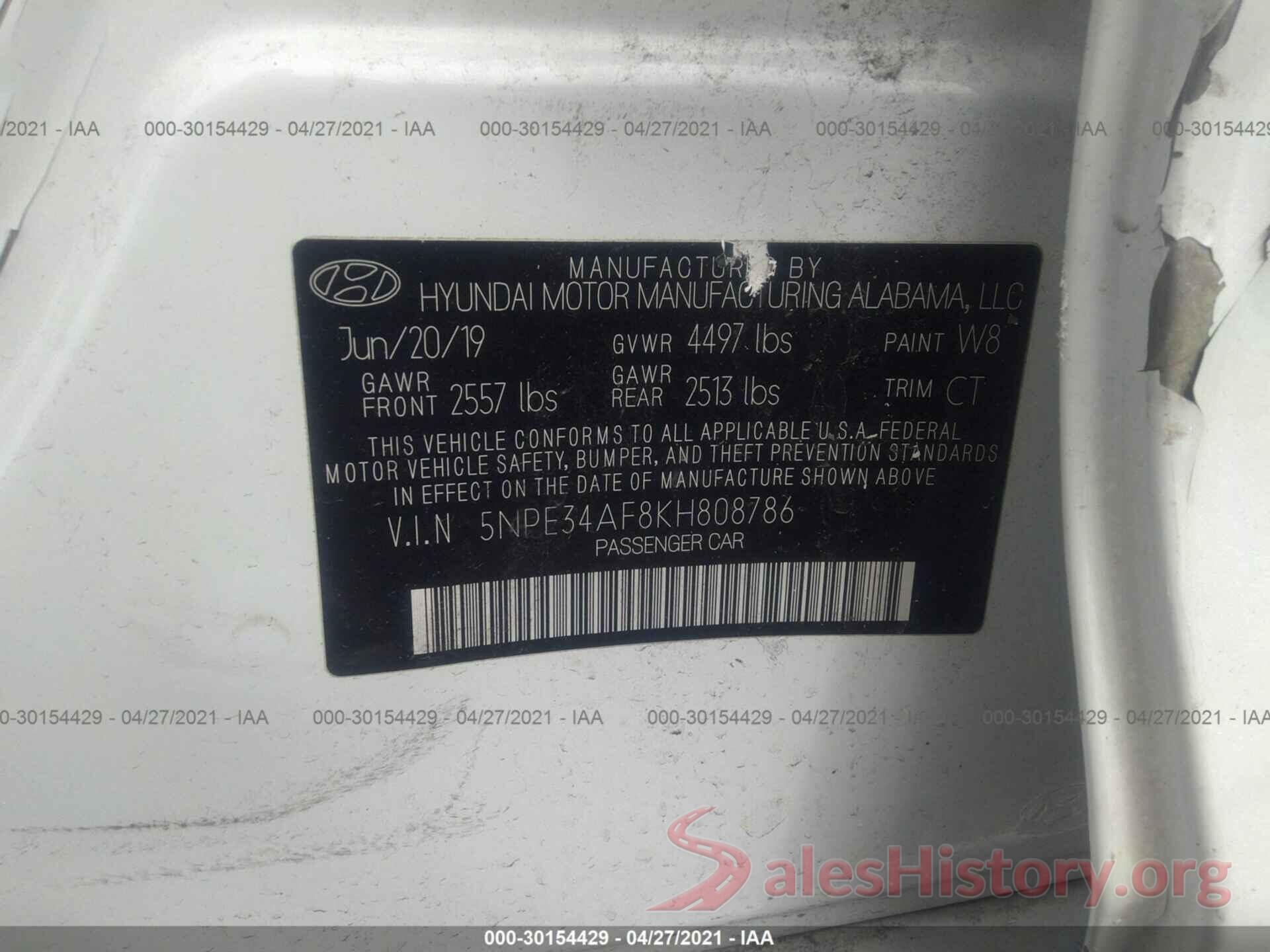 5NPE34AF8KH808786 2019 HYUNDAI SONATA