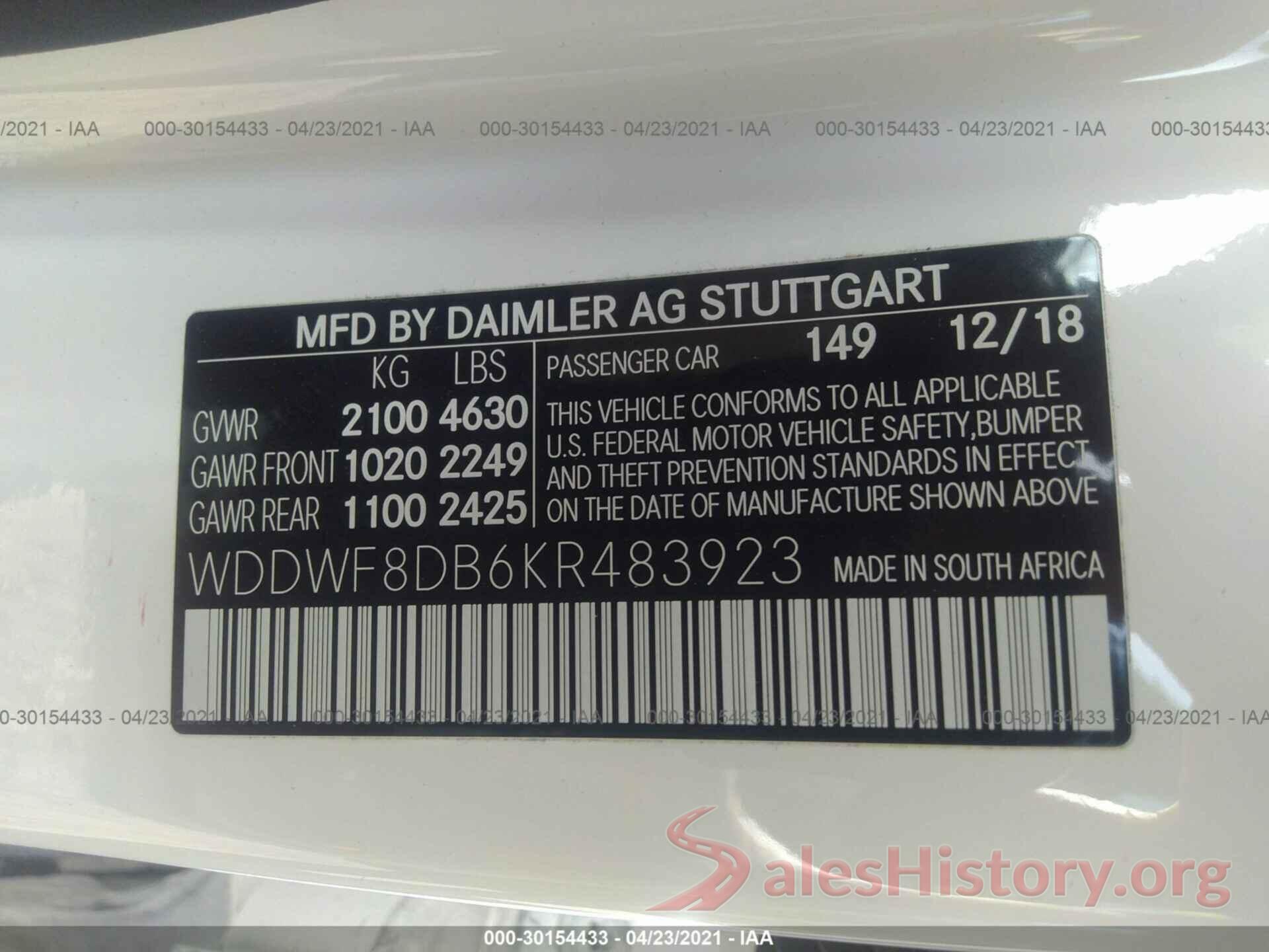 WDDWF8DB6KR483923 2019 MERCEDES-BENZ C-CLASS