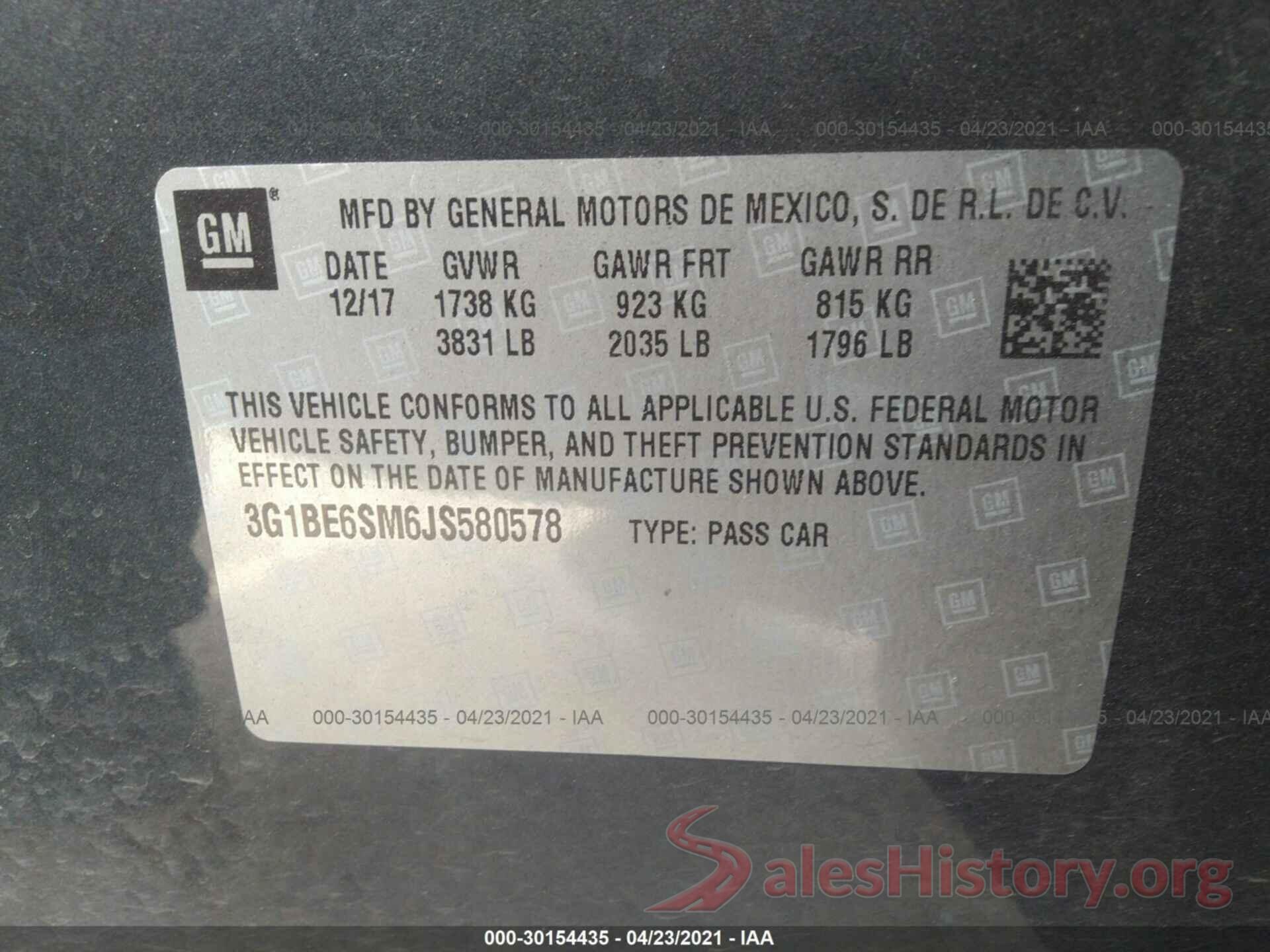 3G1BE6SM6JS580578 2018 CHEVROLET CRUZE