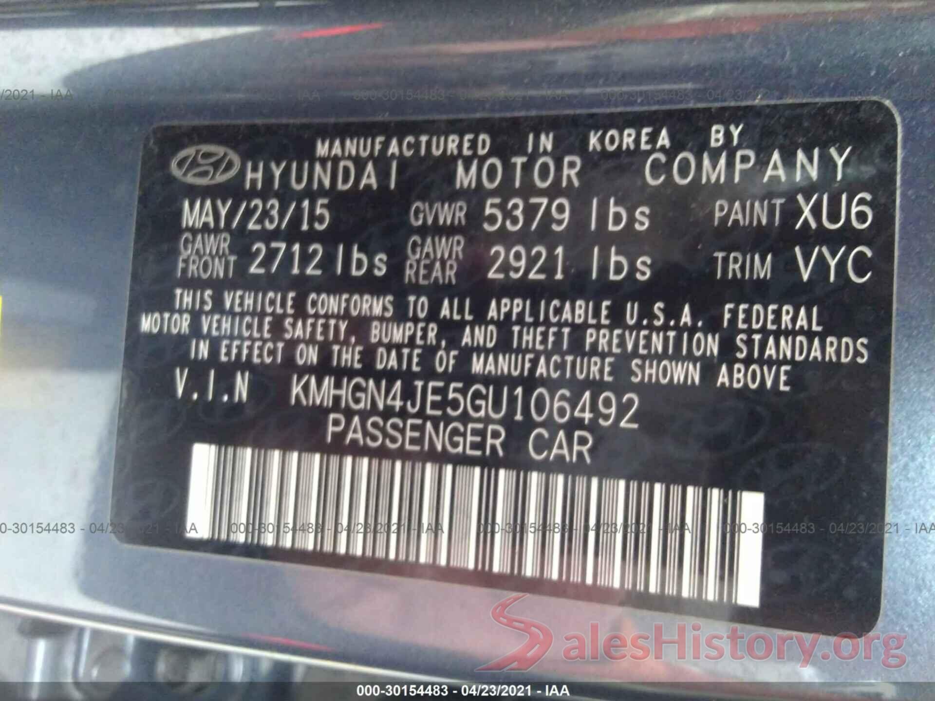 KMHGN4JE5GU106492 2016 HYUNDAI GENESIS