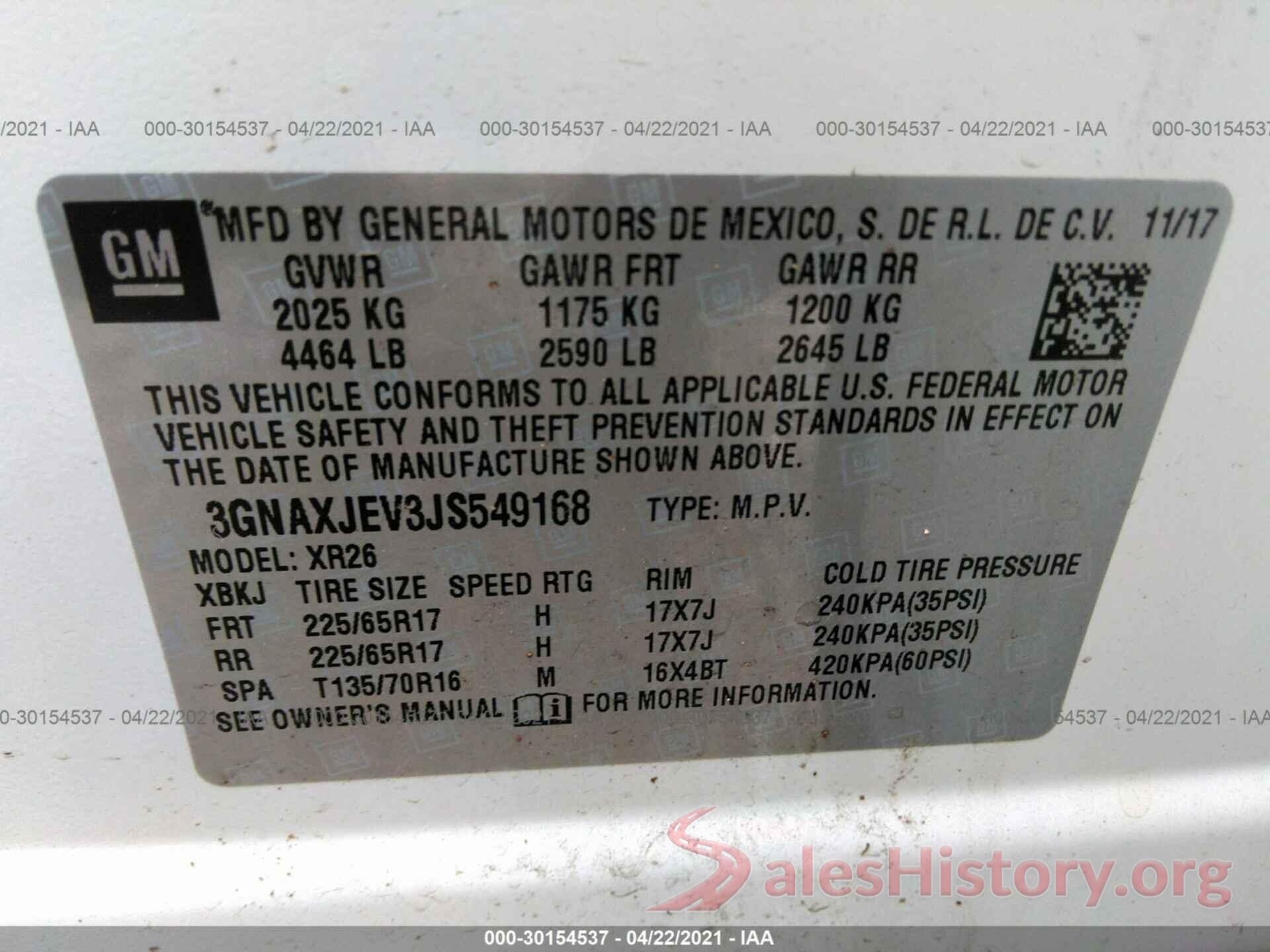 3GNAXJEV3JS549168 2018 CHEVROLET EQUINOX