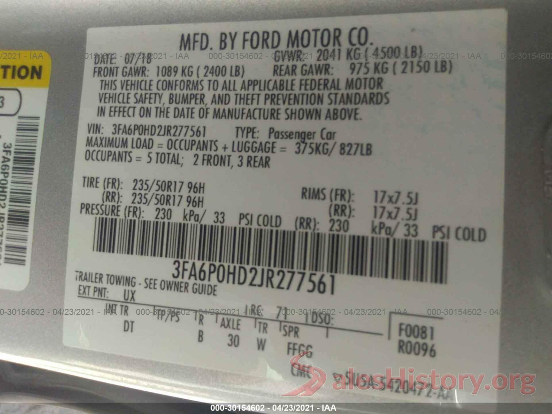 3FA6P0HD2JR277561 2018 FORD FUSION