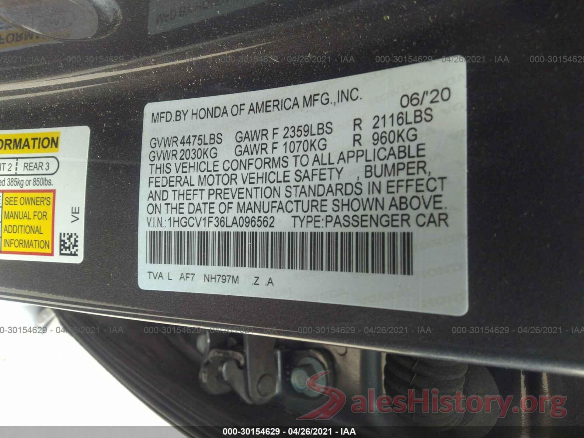 1HGCV1F36LA096562 2020 HONDA ACCORD SEDAN