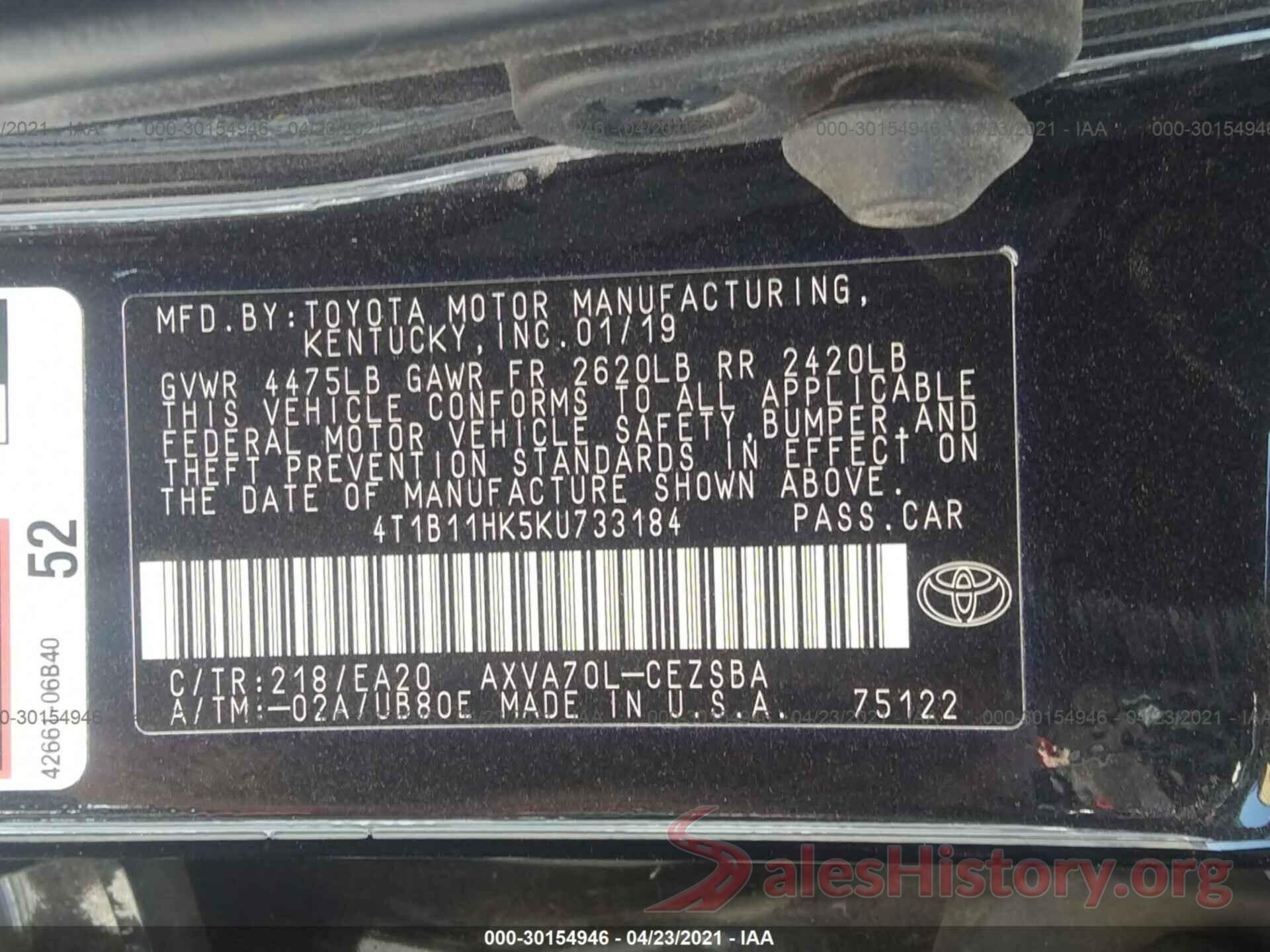 4T1B11HK5KU733184 2019 TOYOTA CAMRY