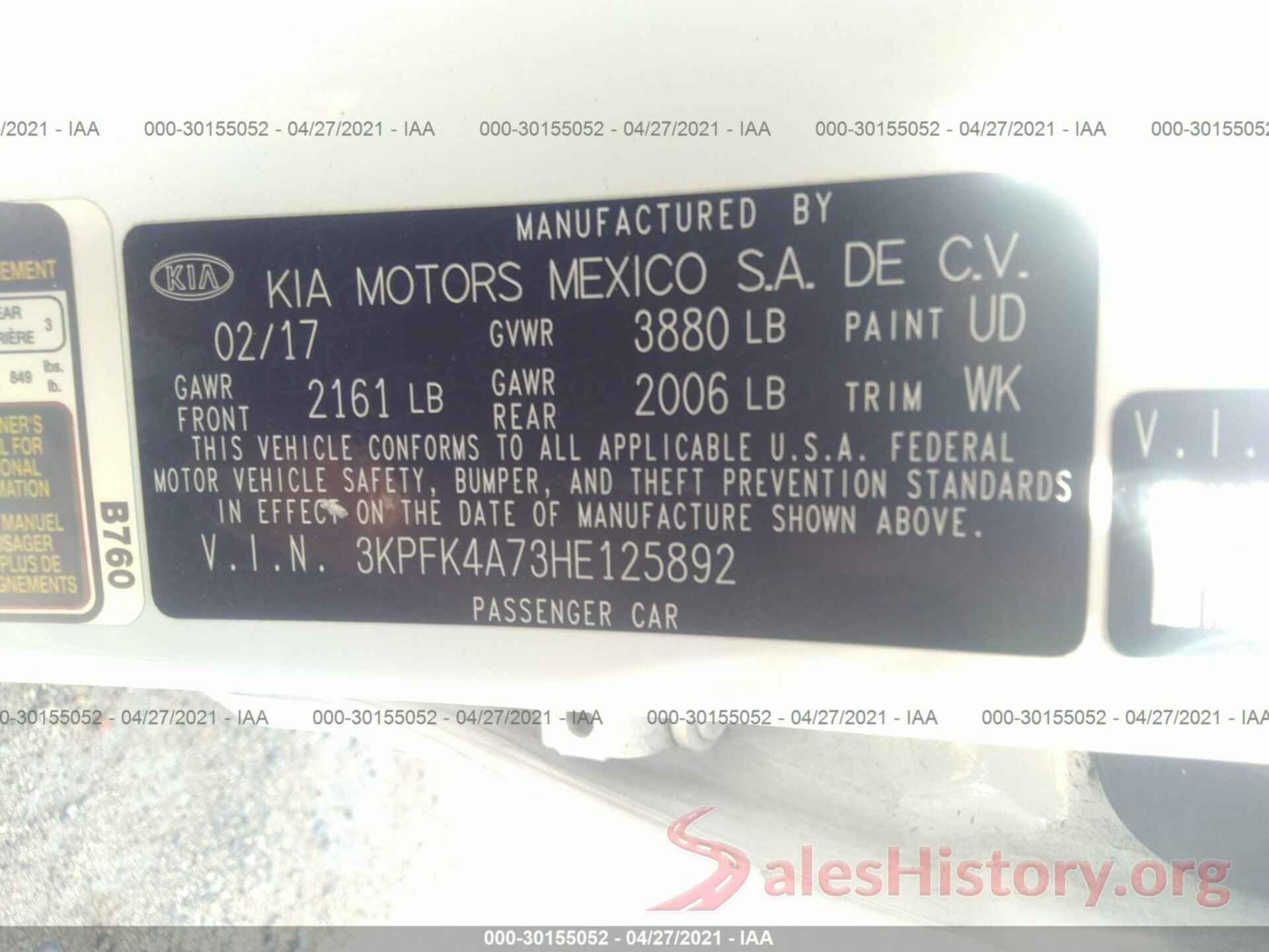 3KPFK4A73HE125892 2017 KIA FORTE