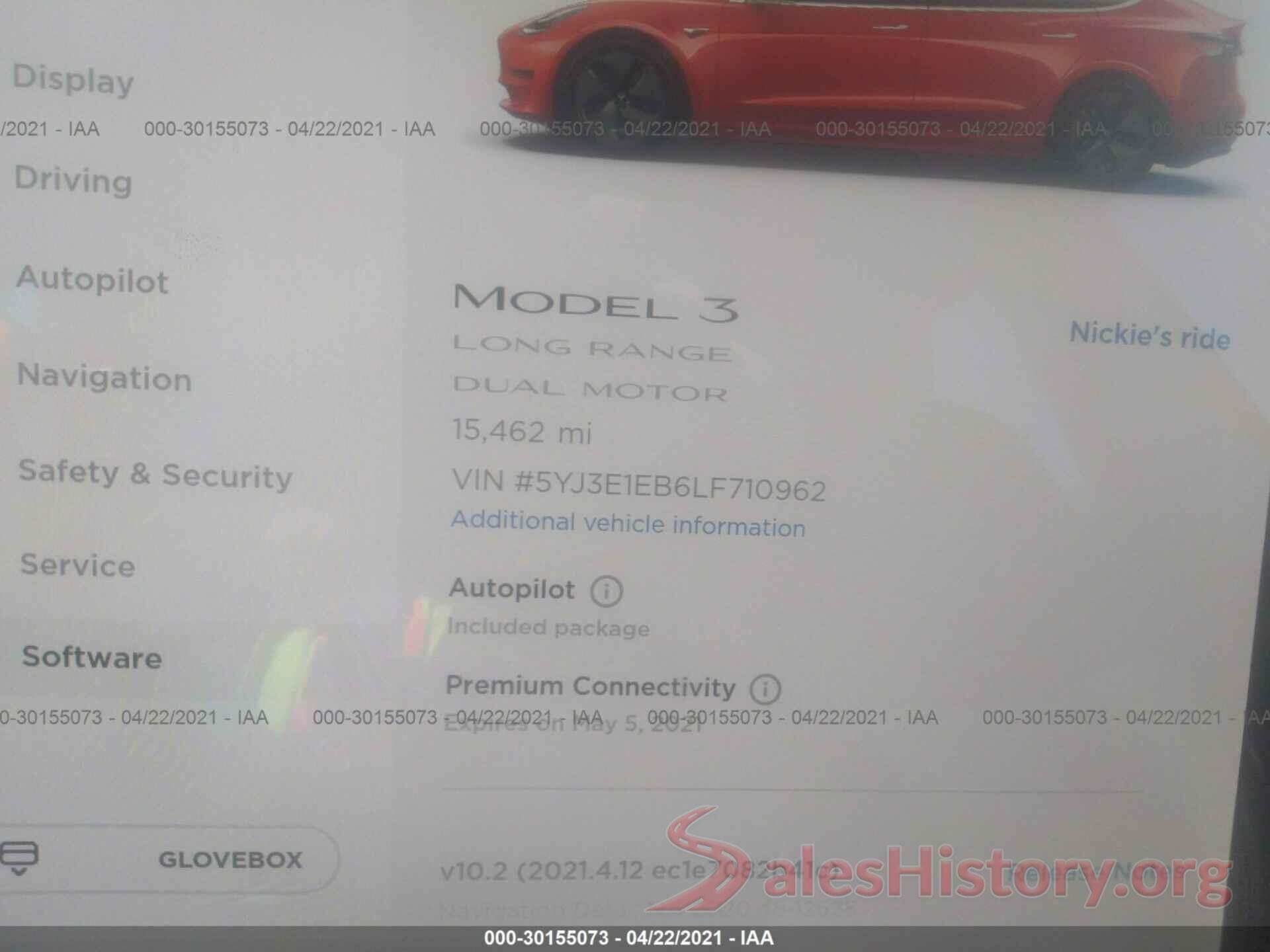 5YJ3E1EB6LF710962 2020 TESLA MODEL 3