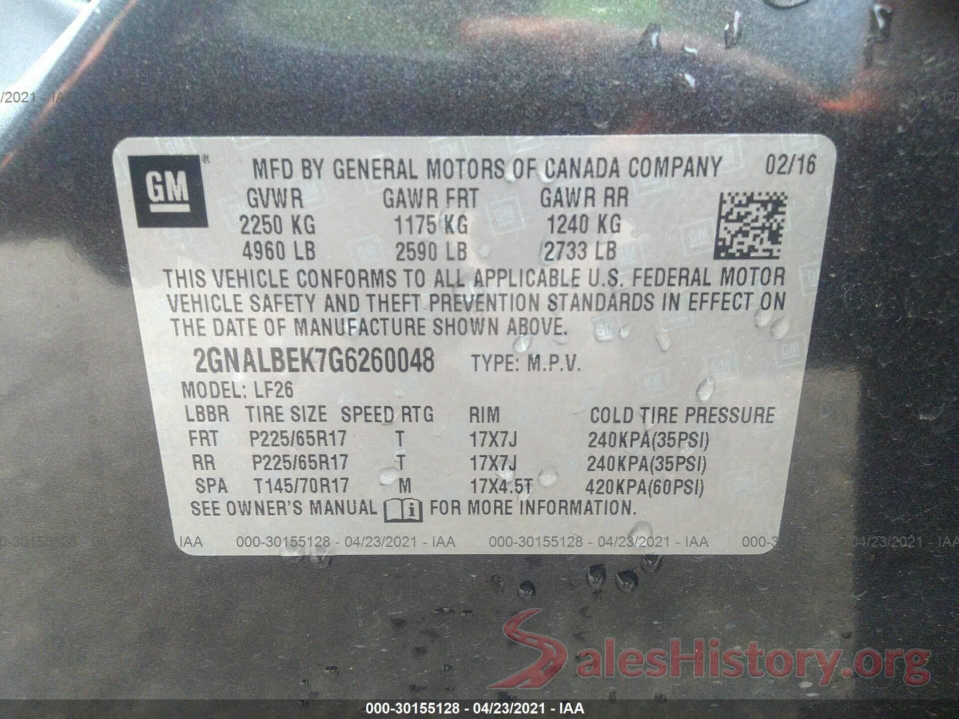 2GNALBEK7G6260048 2016 CHEVROLET EQUINOX