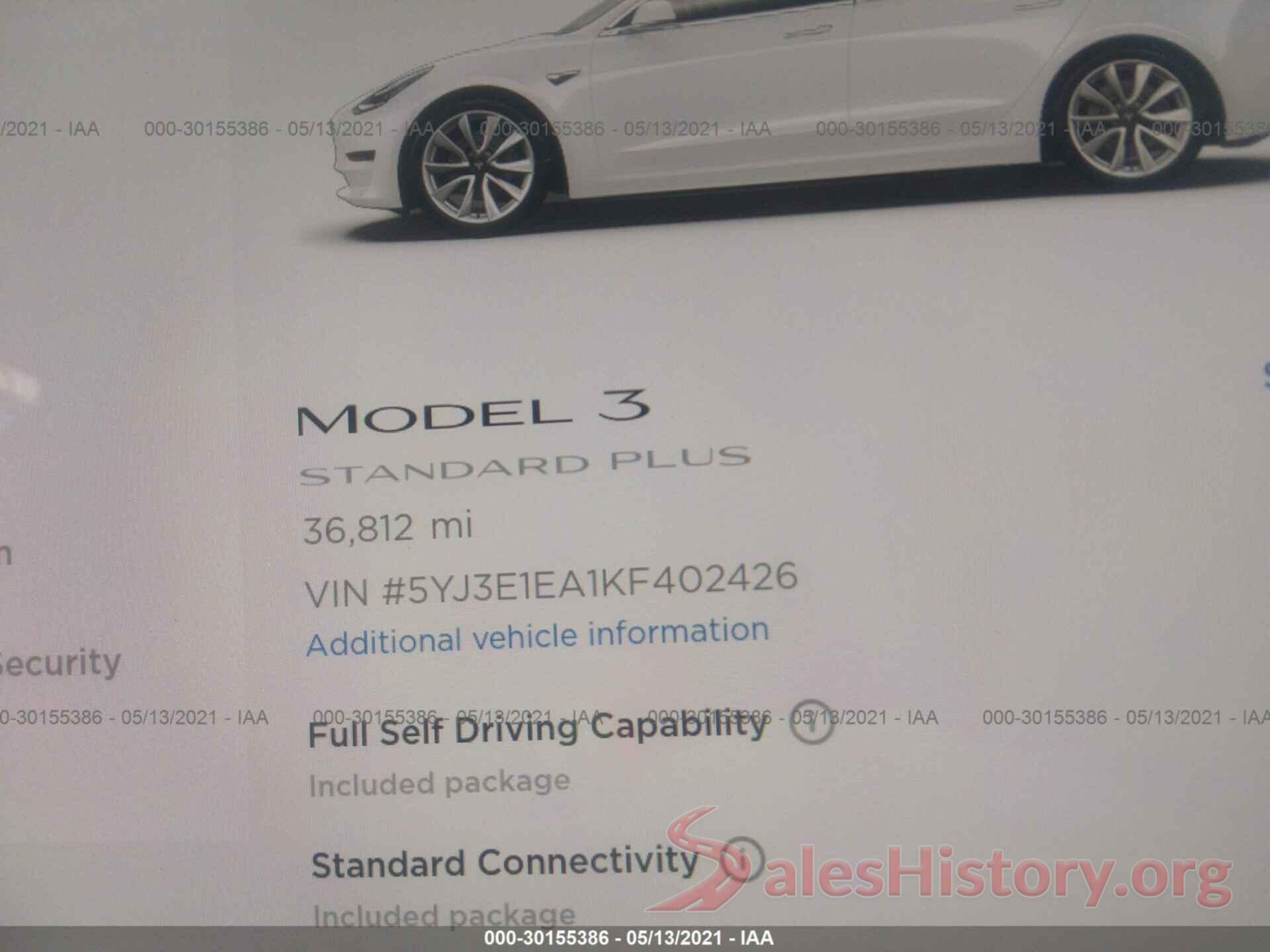 5YJ3E1EA1KF402426 2019 TESLA MODEL 3