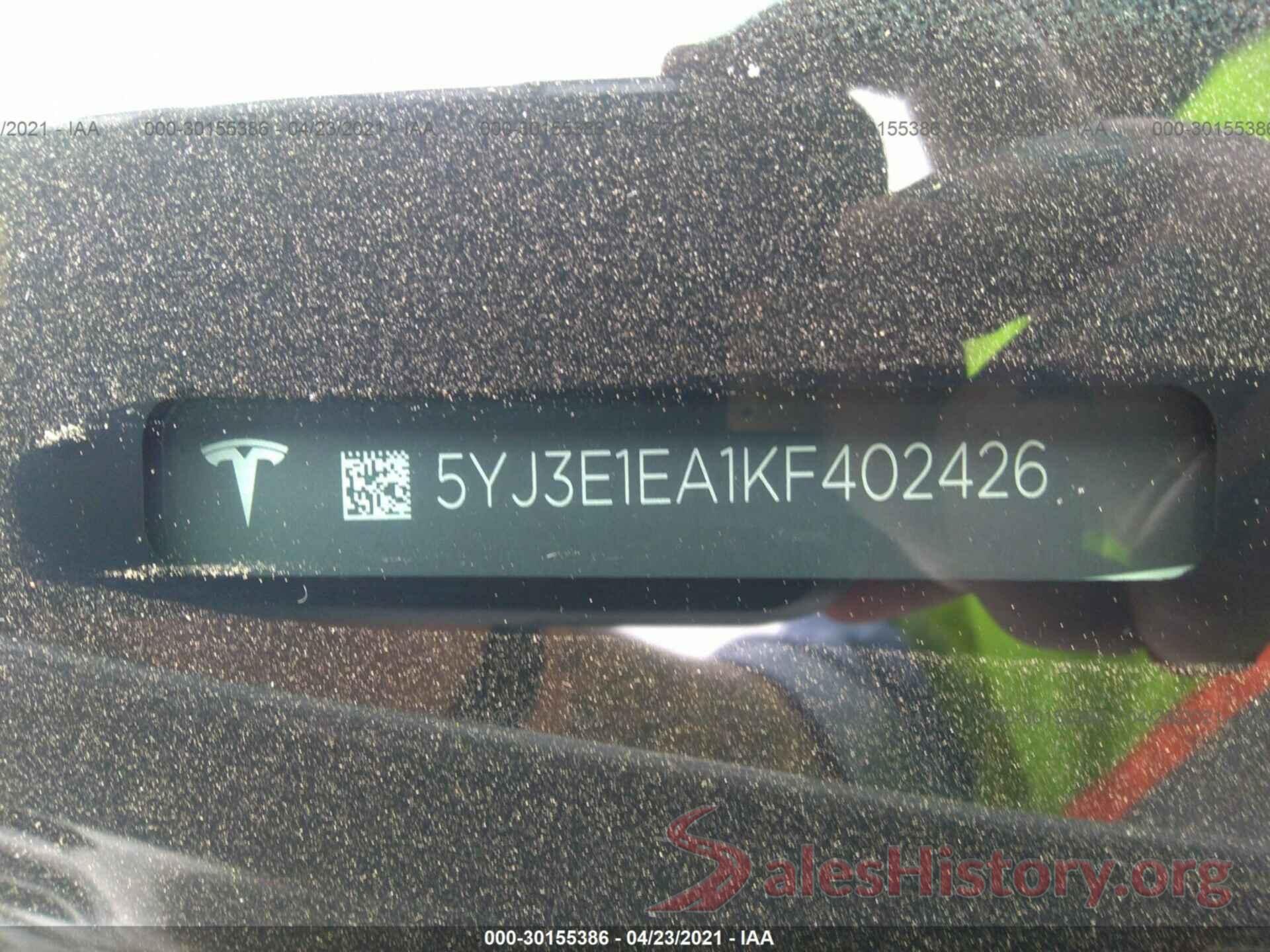 5YJ3E1EA1KF402426 2019 TESLA MODEL 3