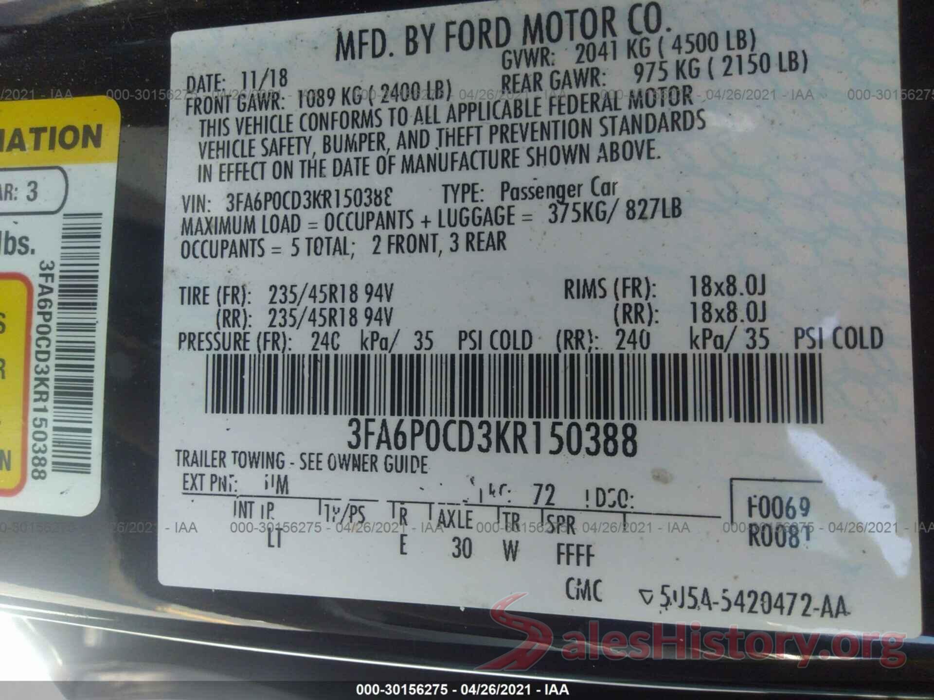 3FA6P0CD3KR150388 2019 FORD FUSION