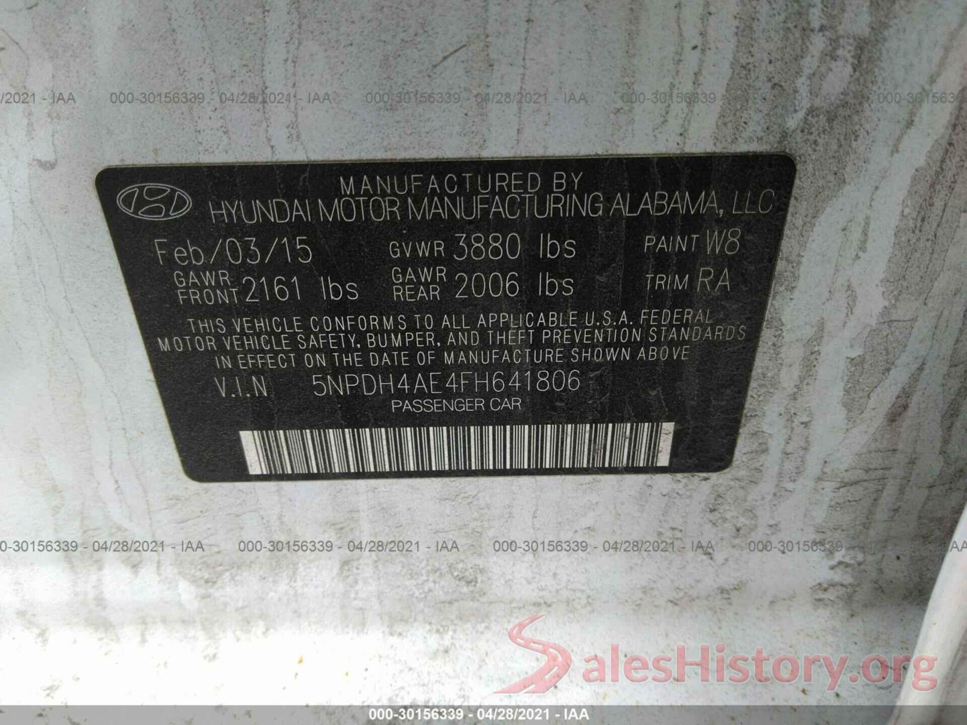 5NPDH4AE4FH641806 2015 HYUNDAI ELANTRA