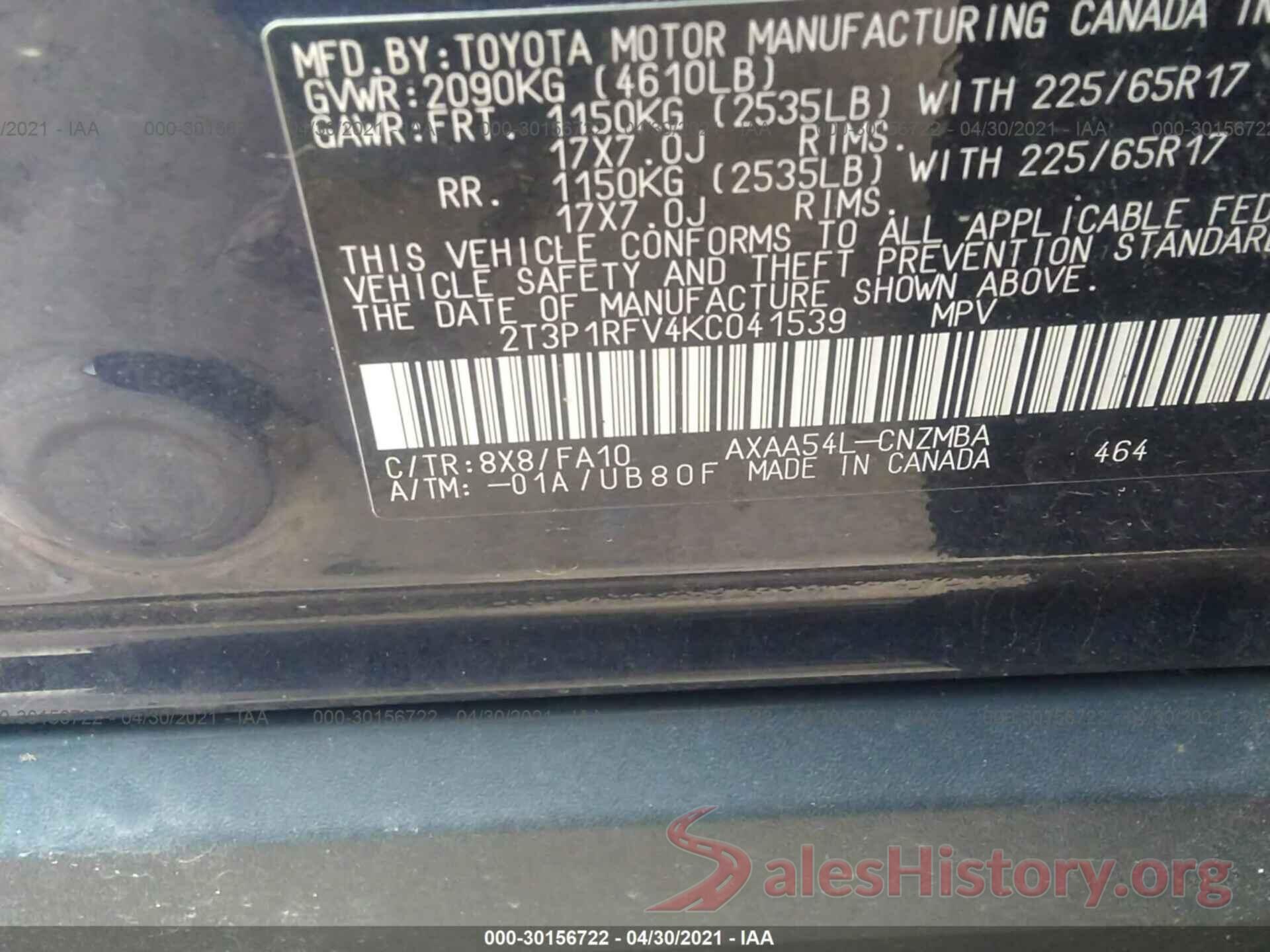 2T3P1RFV4KC041539 2019 TOYOTA RAV4